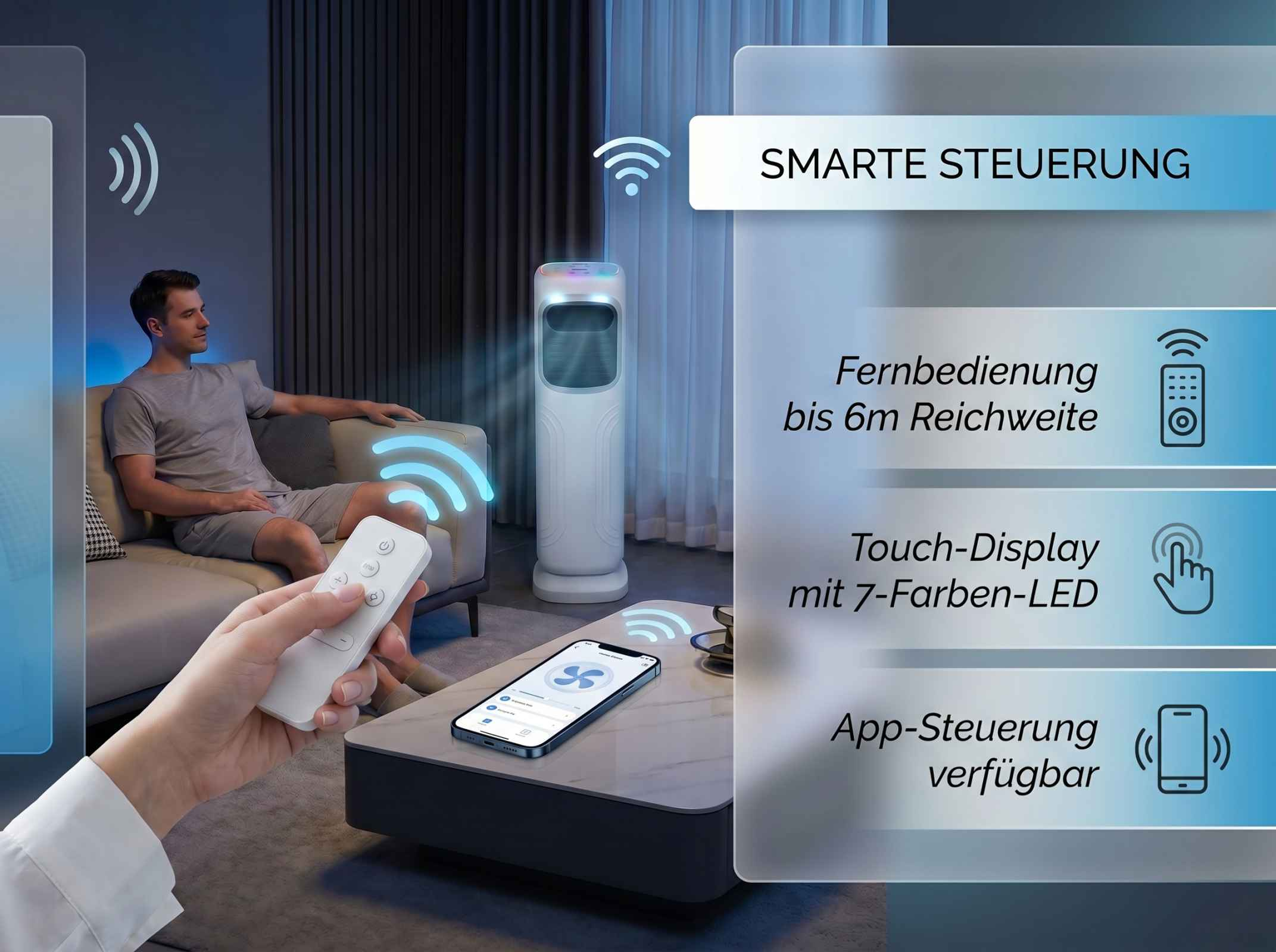 Mann auf Sofa hält Fernbedienung, Ventilator mit Touch-Display & App-Steuerung.