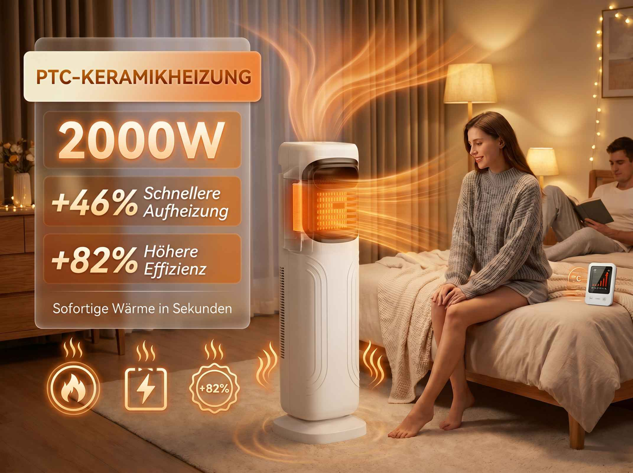 Ein PTC-Keramikheizgerät mit 2000W steht im Wohnzimmer, Menschen im Bett.