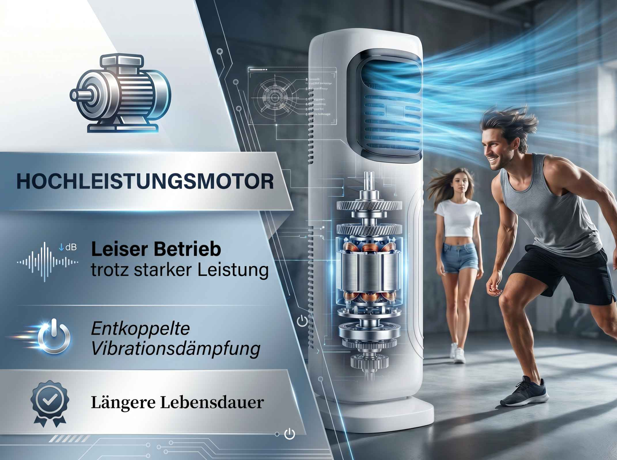 Ein Hochleistungsmotor mit starker Leistung, leiserem Betrieb und Vibrationsdämpfung.