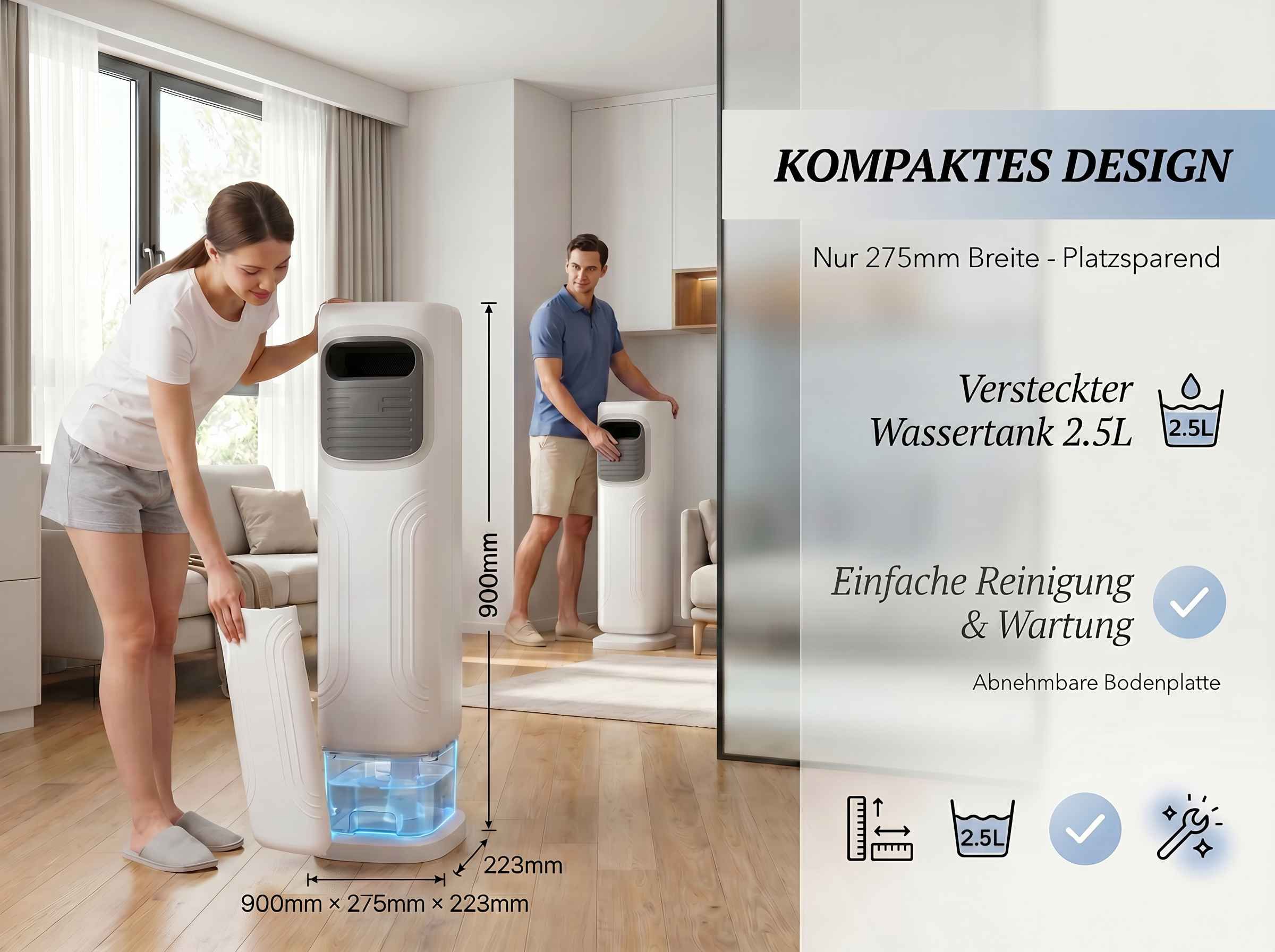 Ein Mann und eine Frau stehen neben einem weißen Luftkühler mit 2,5L Wassertank.
