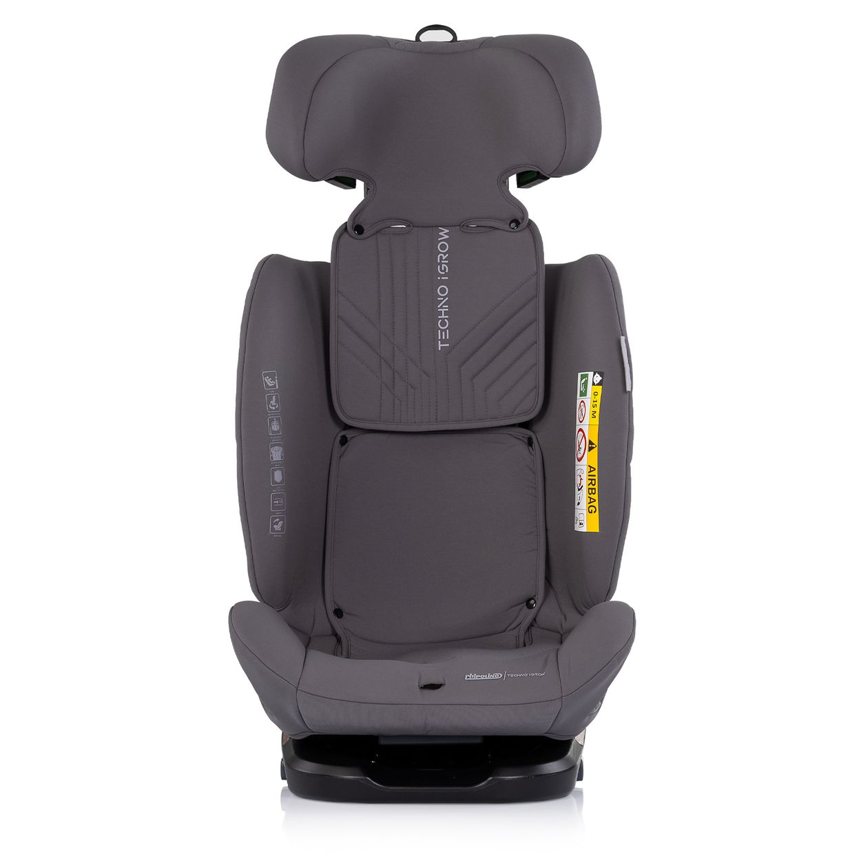 Grauer Kindersitz mit verstellbarer Kopfstütze und AIRBAG-Aufdruck.