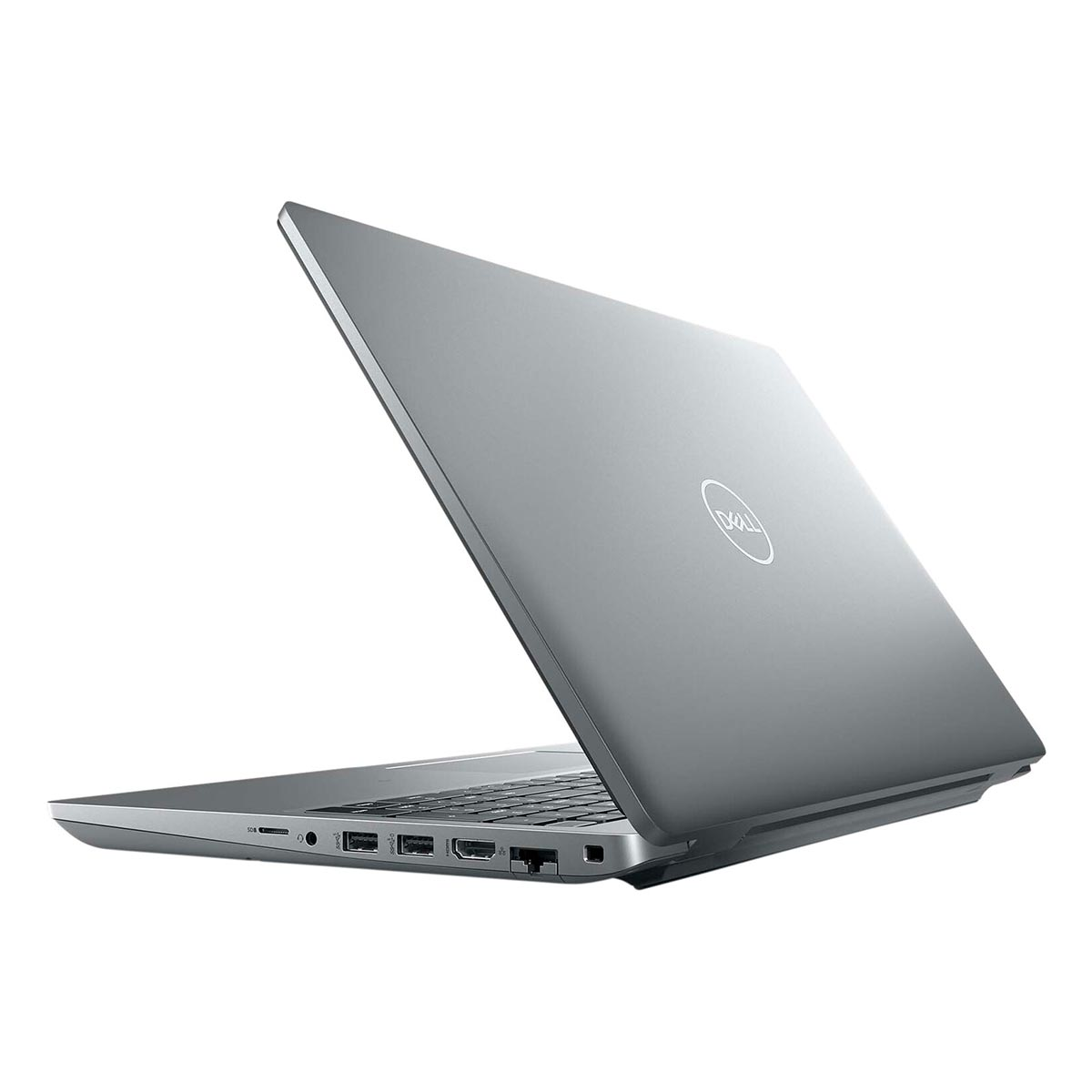 Srebrny laptop Dell z otwartą pokrywą, widok z boku z portami.