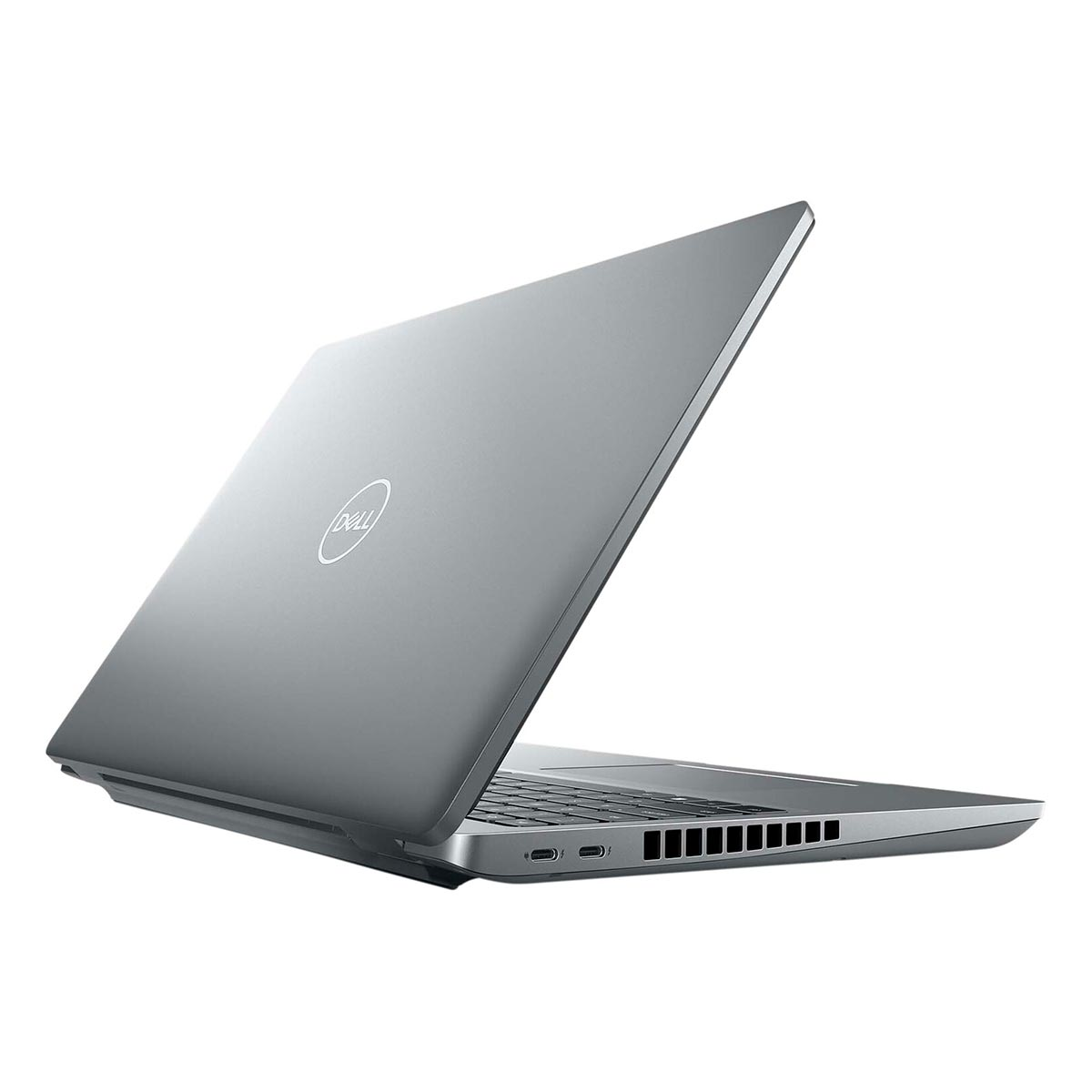 Srebrny laptop Dell z otwartym ekranem, na białym tle.
