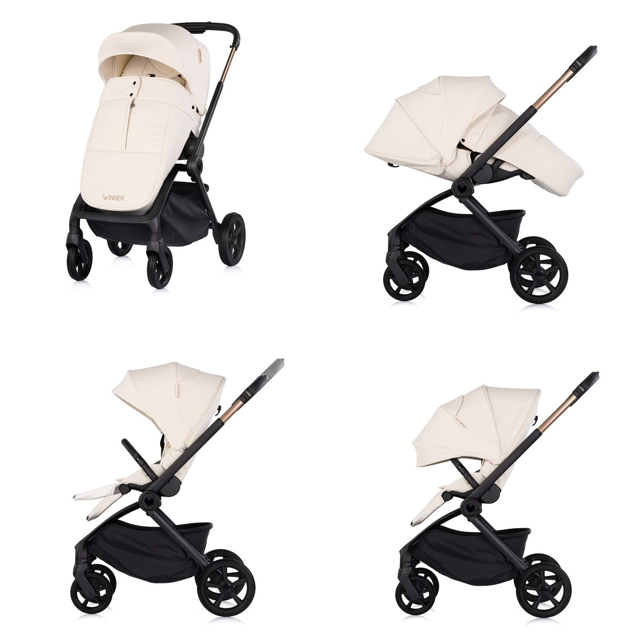 Ein cremefarbener Kinderwagen mit schwarzen Rädern und Griff.