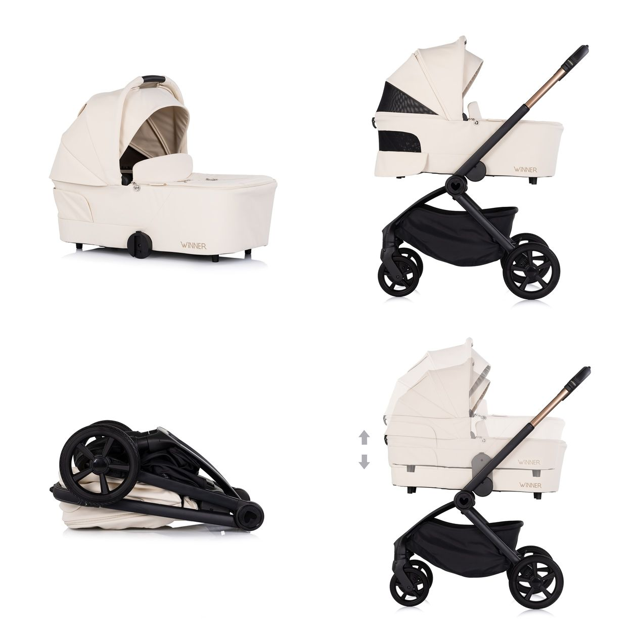 Vier Ansichten eines cremefarbenen Kinderwagens: Babywanne, kompletter Kinderwagen, gefaltet, höhenverstellbar.