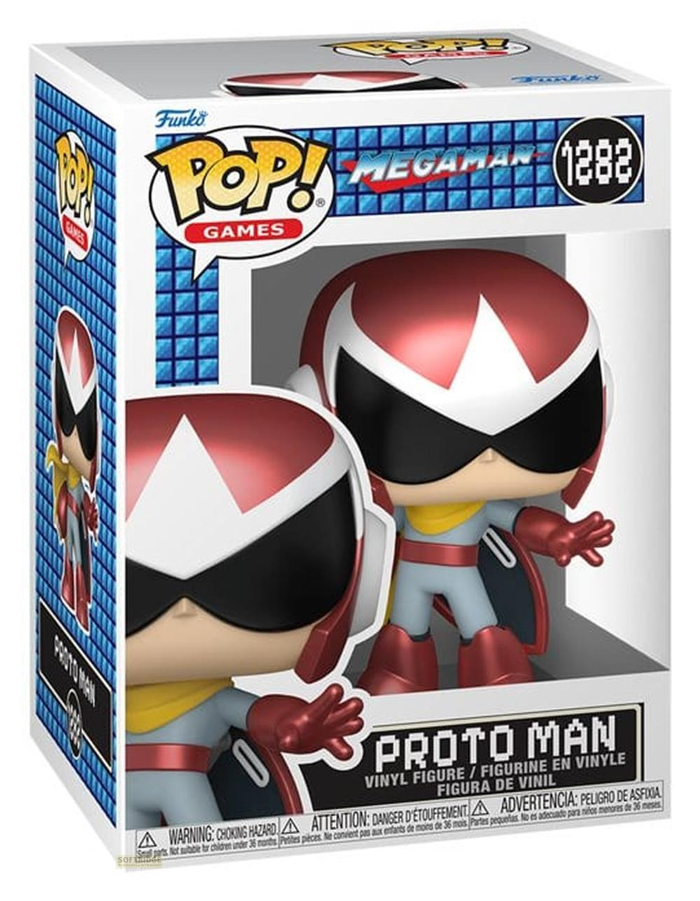 Funko Pop! Proto Man Vinyl Figur in der Megaman-Verpackung mit seinem charakteristischen roten Helm.