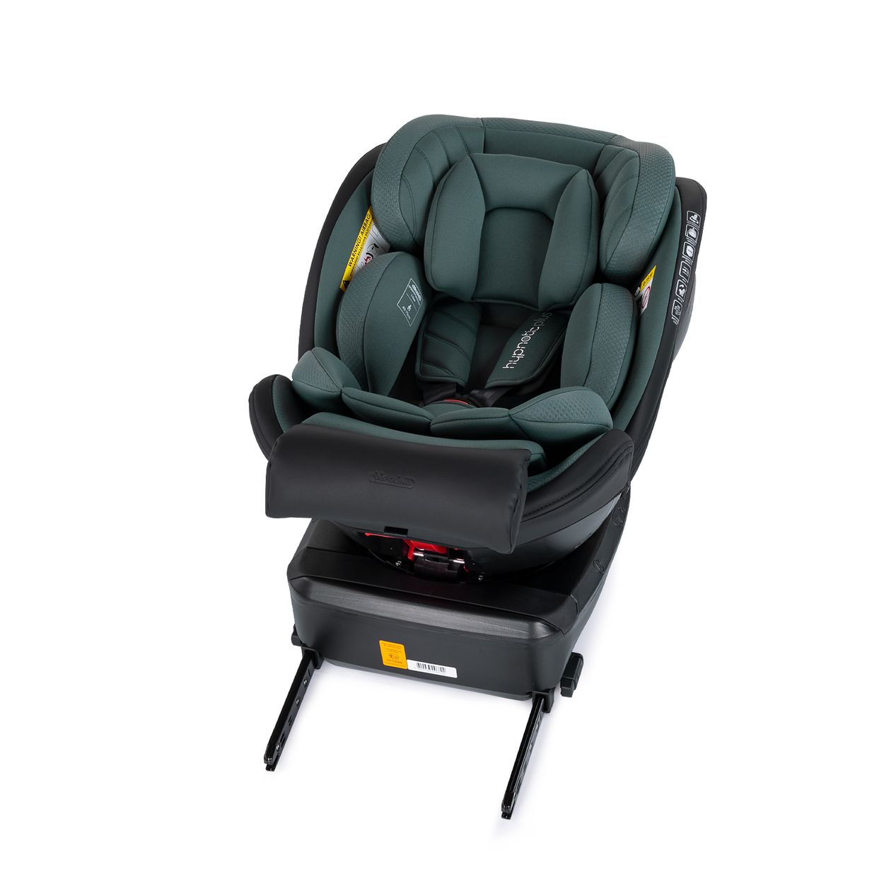 Ein dunkelgrüner Kindersitz mit schwarzem Sockel und Metallbeinen.