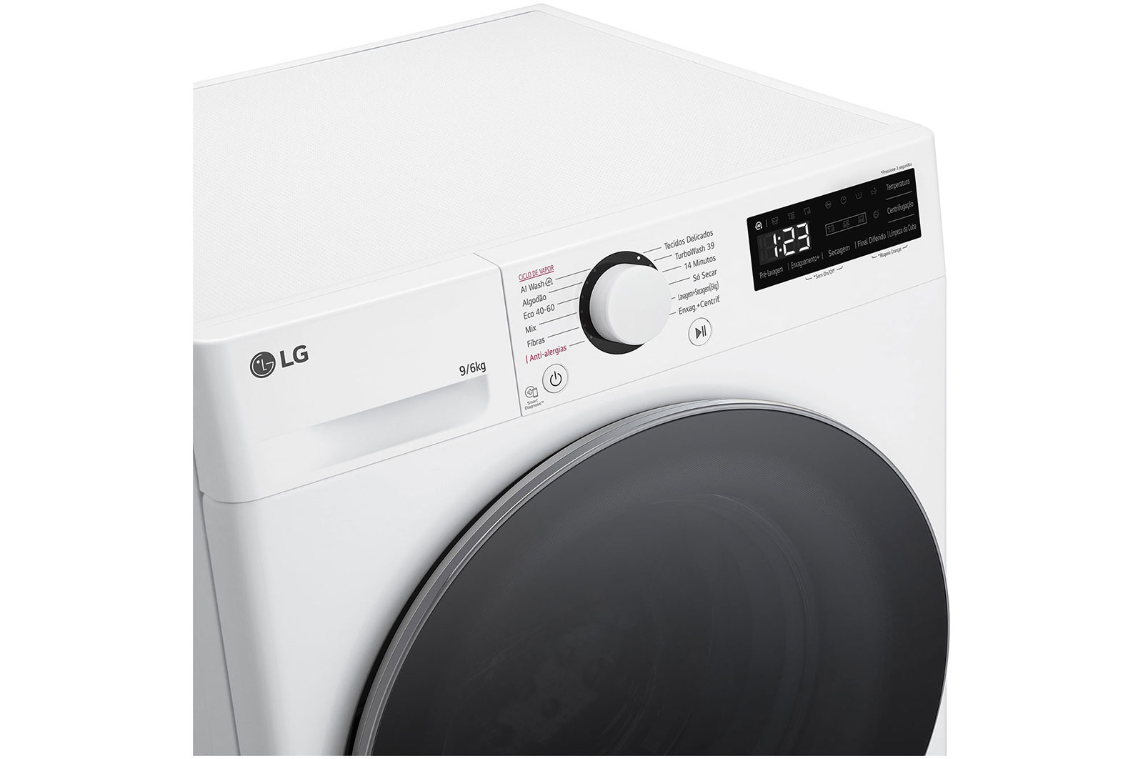Eine weiße LG Waschmaschine mit schwarzer Tür und digitalem Bedienfeld.