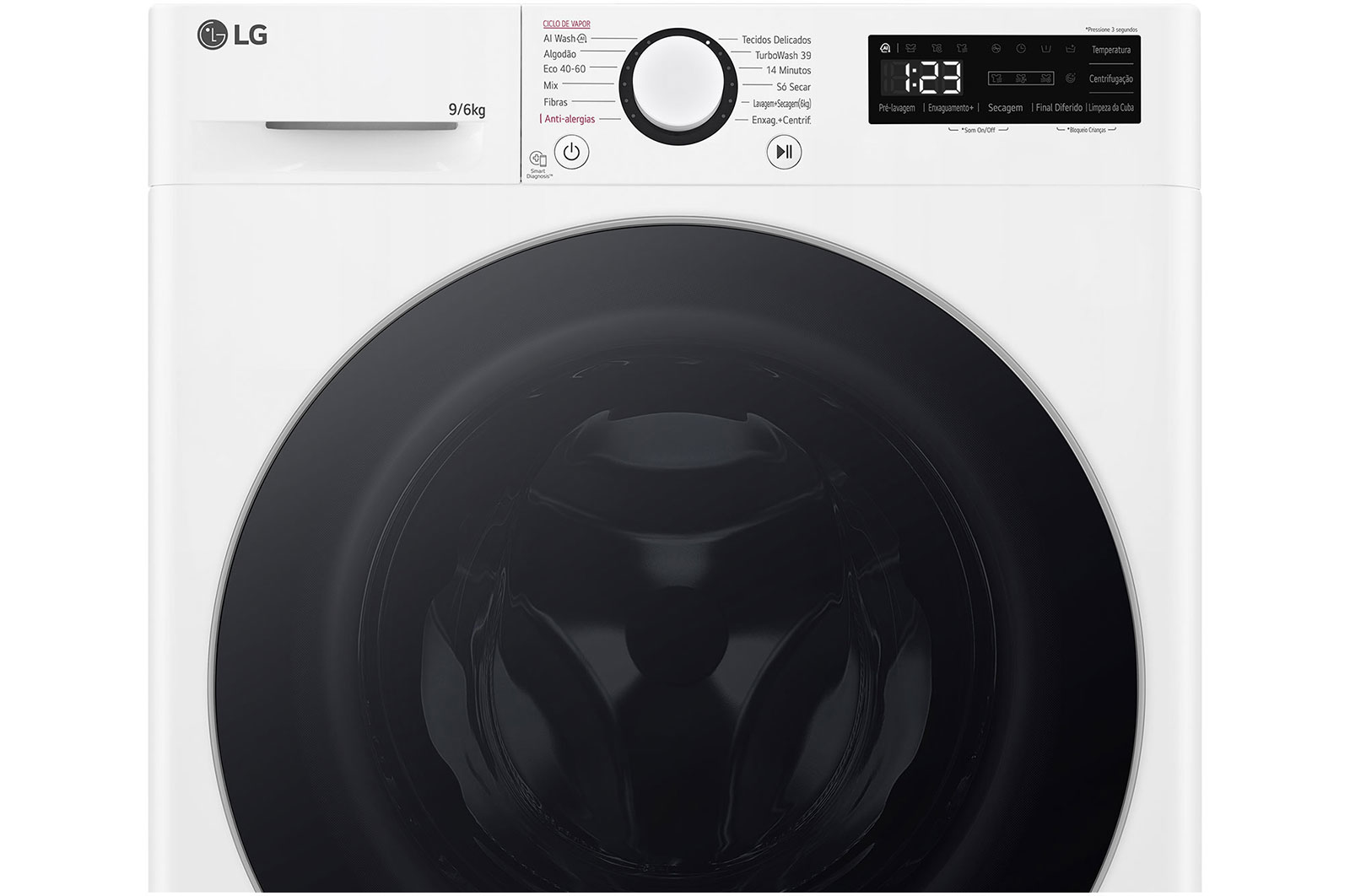 Eine weiße LG Waschmaschine mit schwarzer Tür und Bedienfeld.
