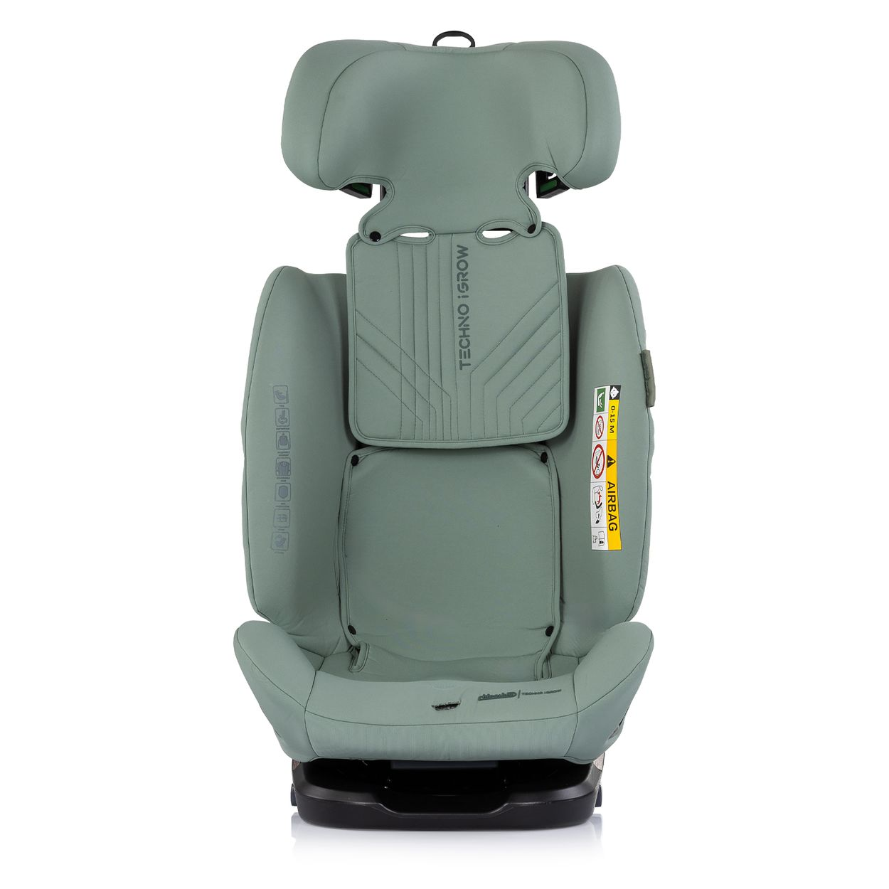 Ein grüner Kindersitz mit verstellbarer Kopfstütze und Airbag-Warnung.