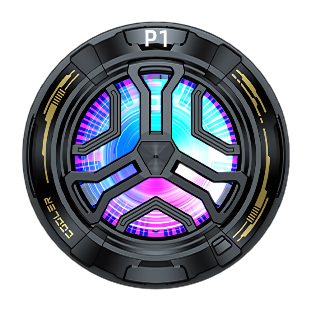 Czarny wentylator z podświetleniem RGB i logo "P1".