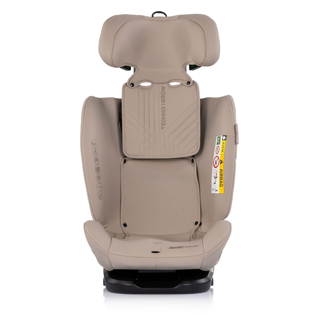 Ein beiger Kindersitz mit Kopfstütze, verstellbarer Rückenlehne und Airbag-Warnaufkleber.