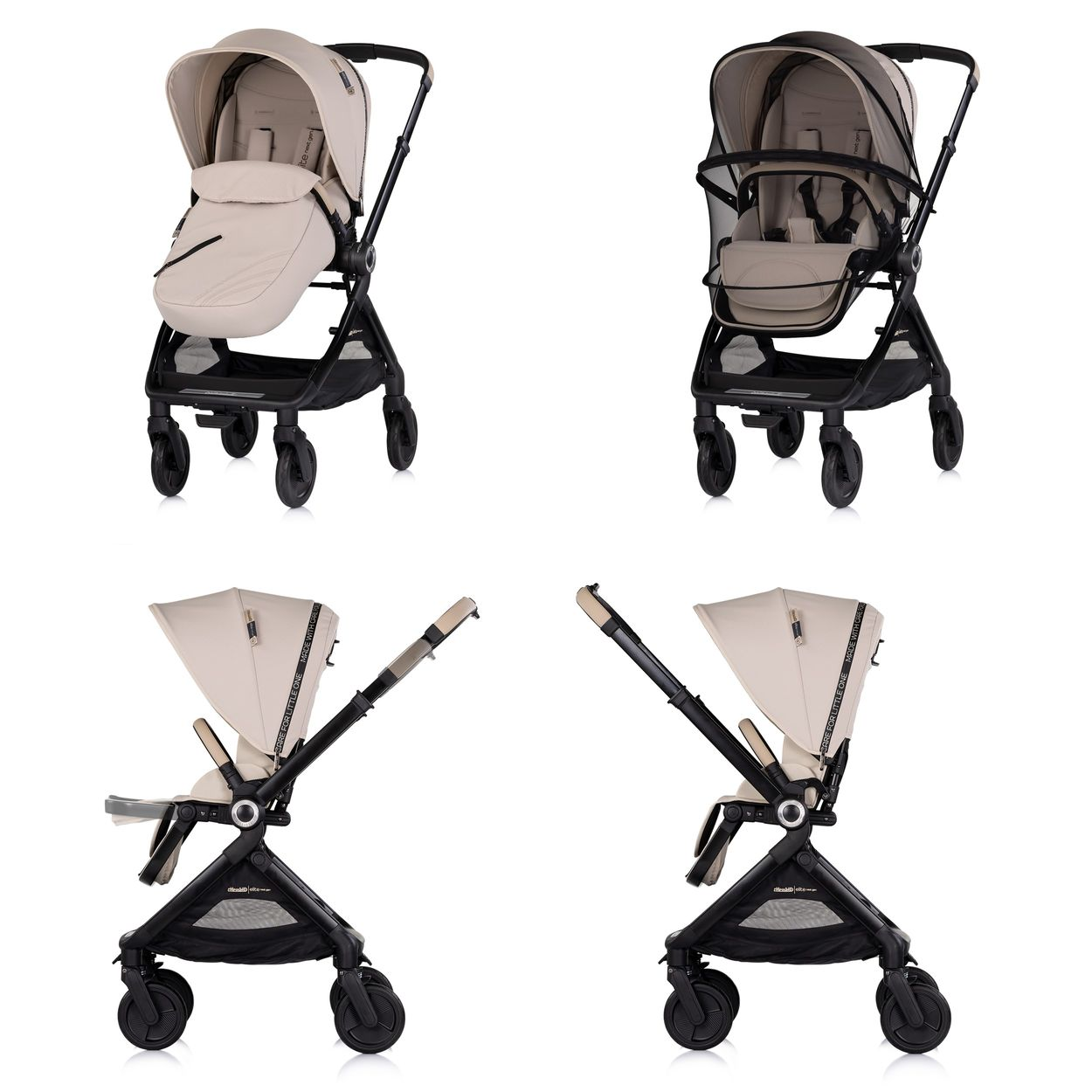 Beiger Kinderwagen mit schwarzem Rahmen und Verdeck. Detailansichten.