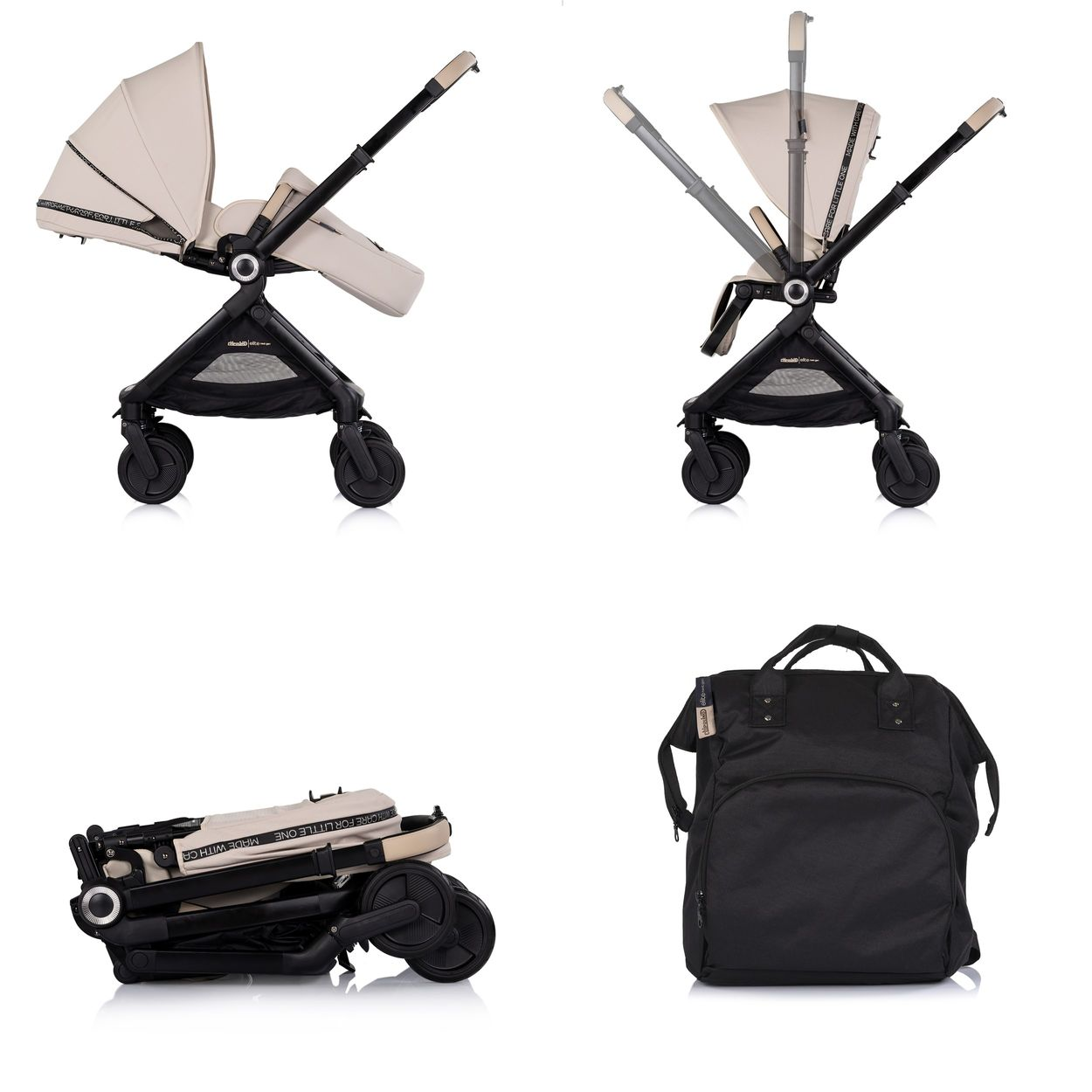 Vier Bilder zeigen einen beigen Kinderwagen, einen gefalteten Kinderwagen und einen schwarzen Rucksack.