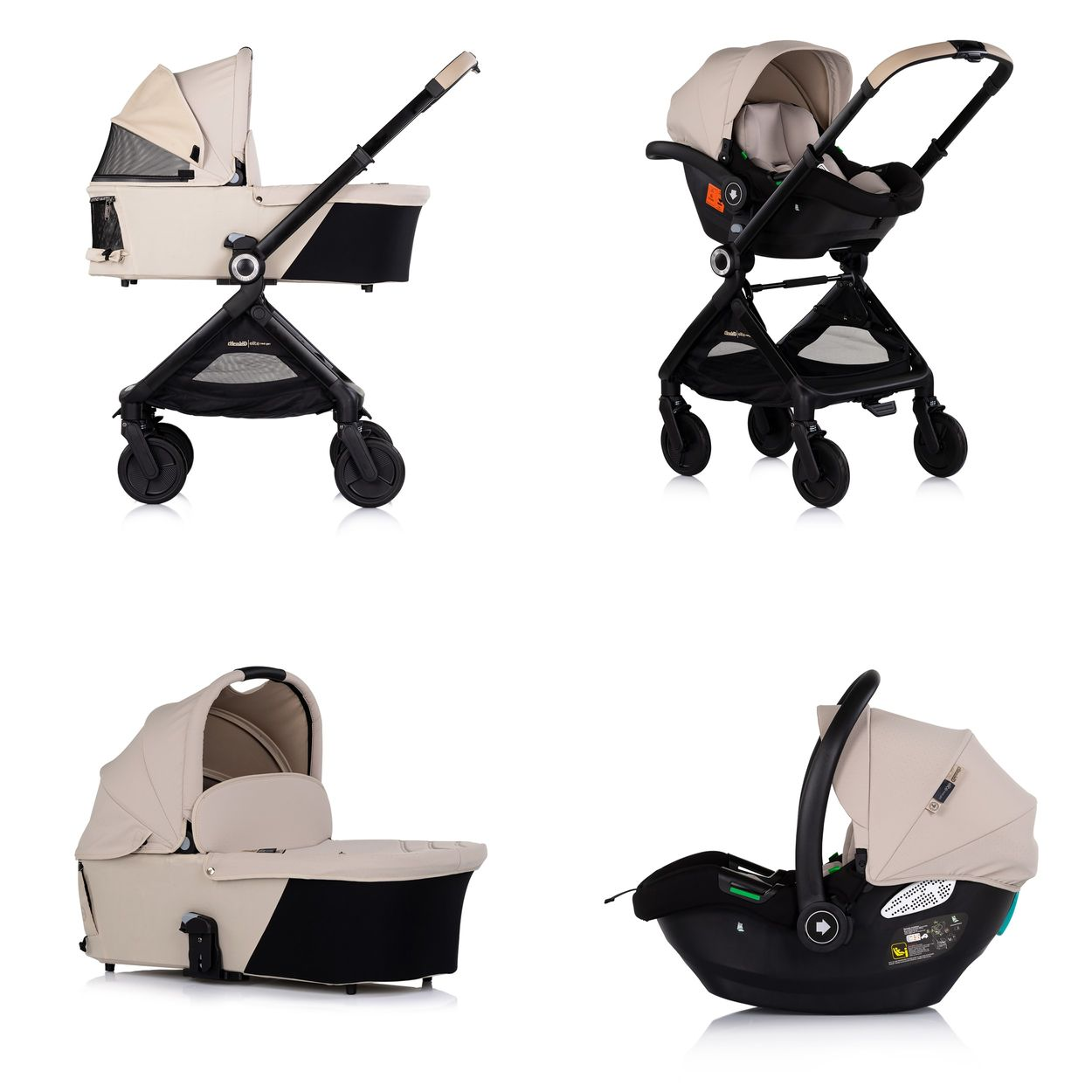 Ein Kinderwagen und eine Babyschale in Beige und Schwarz.