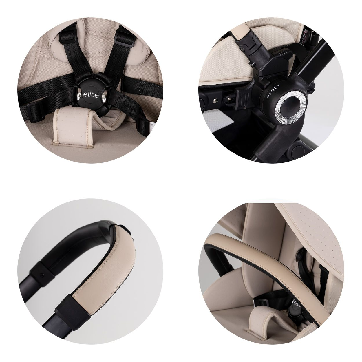 Details eines Kinderwagens: Gurtsystem, Faltmechanismus, Griff und Sitz.
