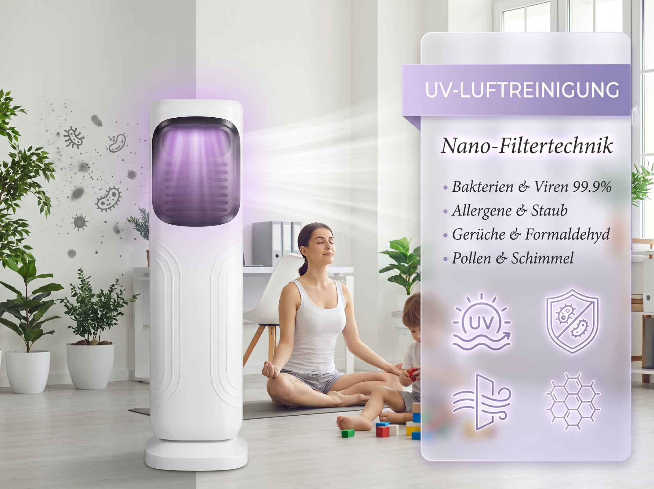 Ein Luftreiniger mit UV-Licht in einem Wohnzimmer mit einer Frau und einem Kind.