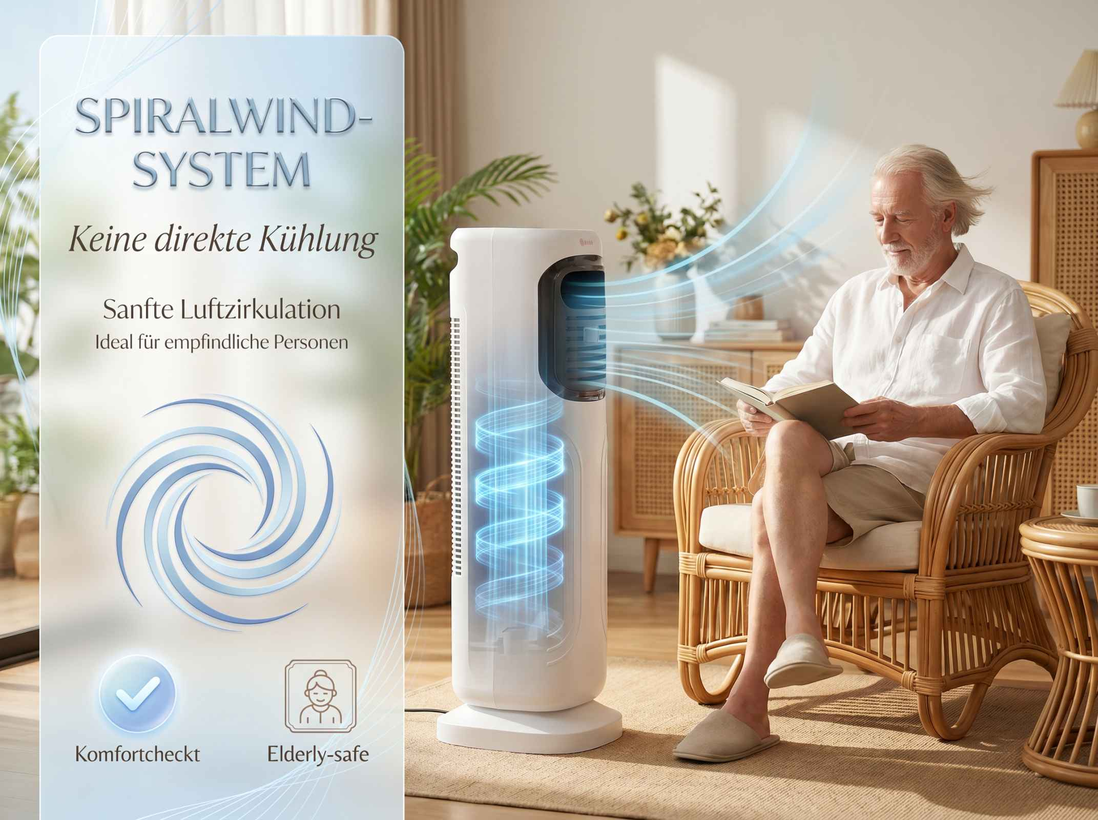 Ein Mann liest im Sessel, während ein Ventilator sanfte Luftzirkulation erzeugt.
