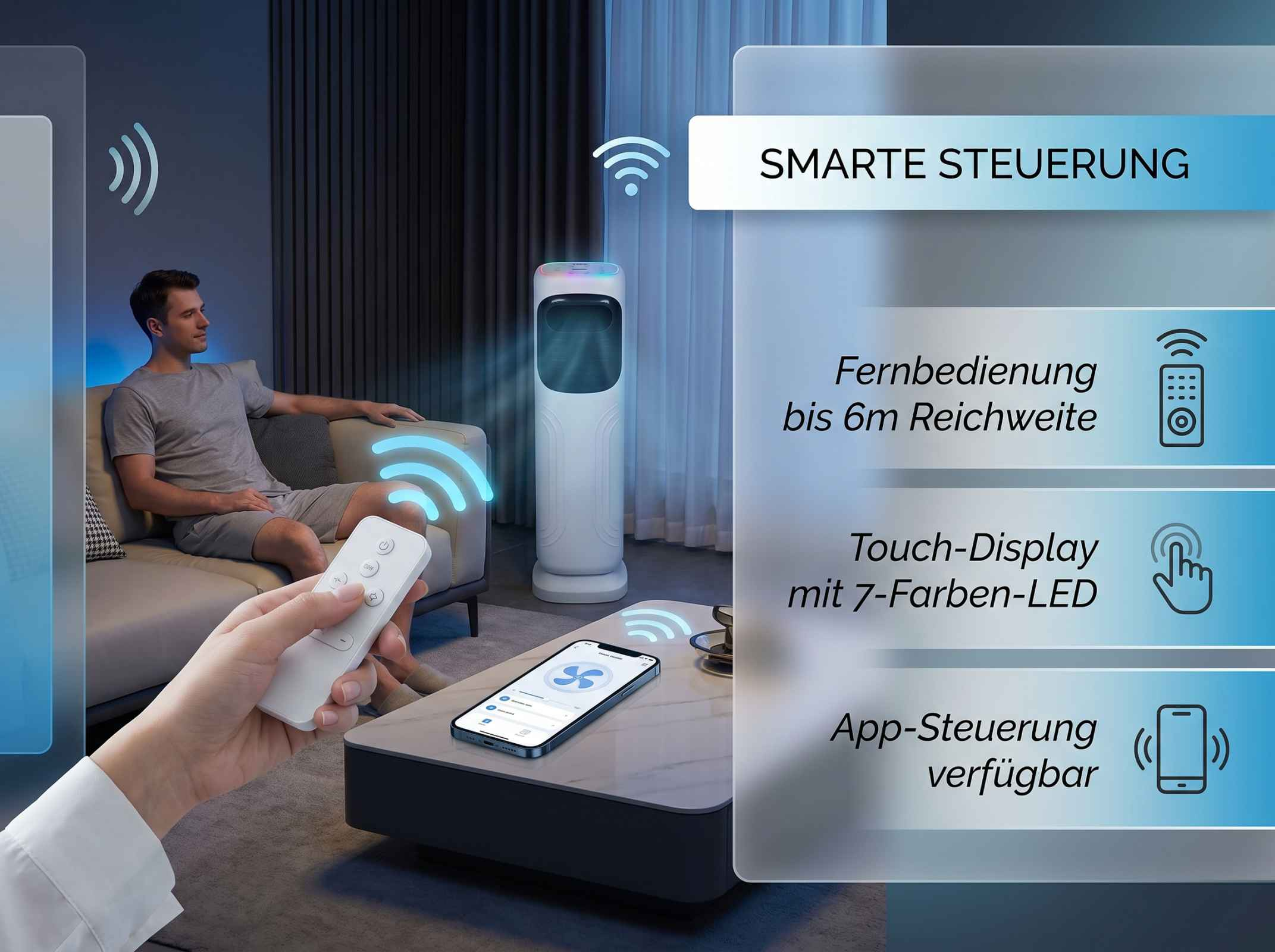 Mann auf Sofa hält Fernbedienung, neben weißem Turmventilator.