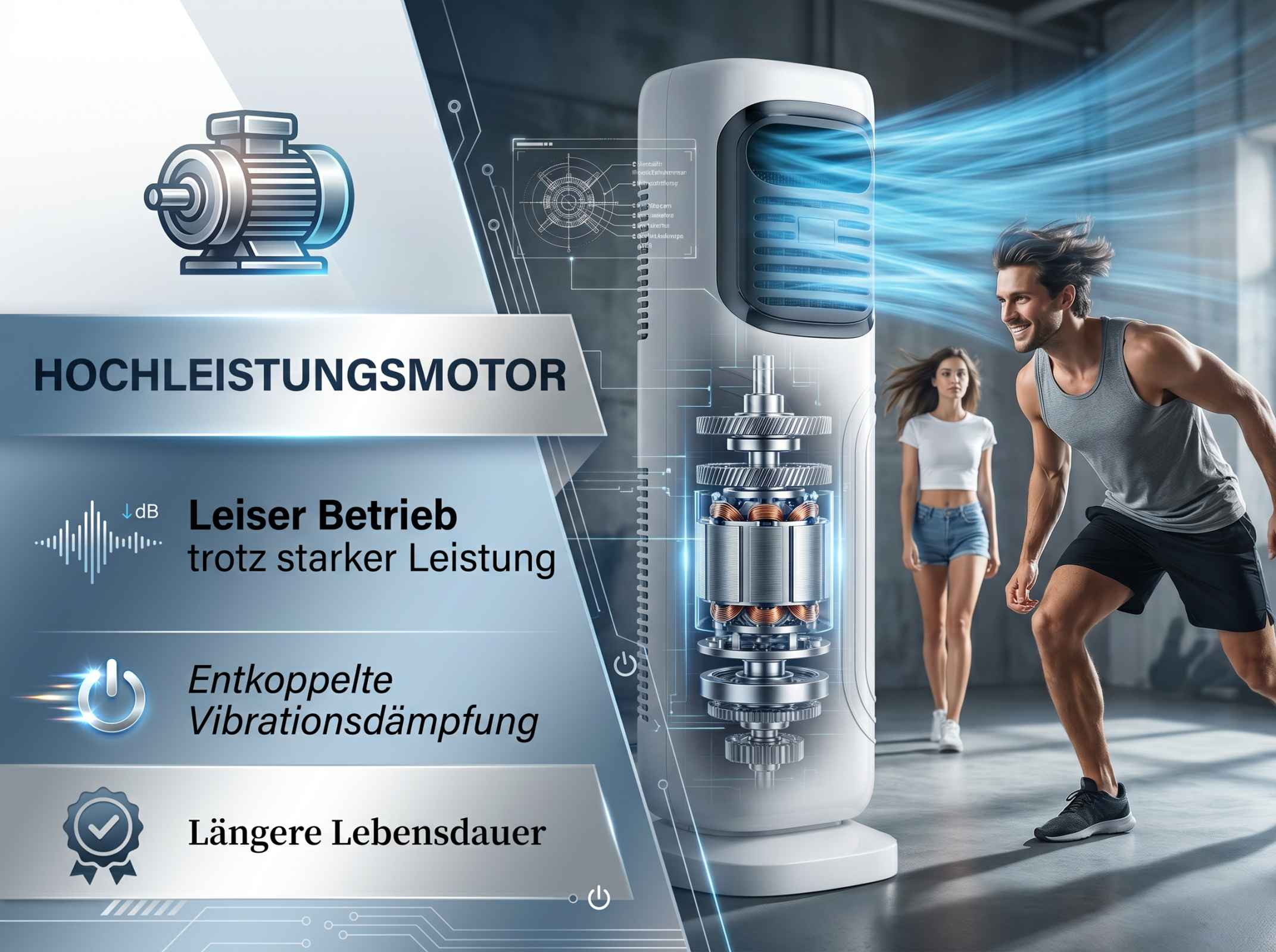 Hochleistungsmotor mit leisem Betrieb, entkoppelter Vibrationsdämpfung und langer Lebensdauer.