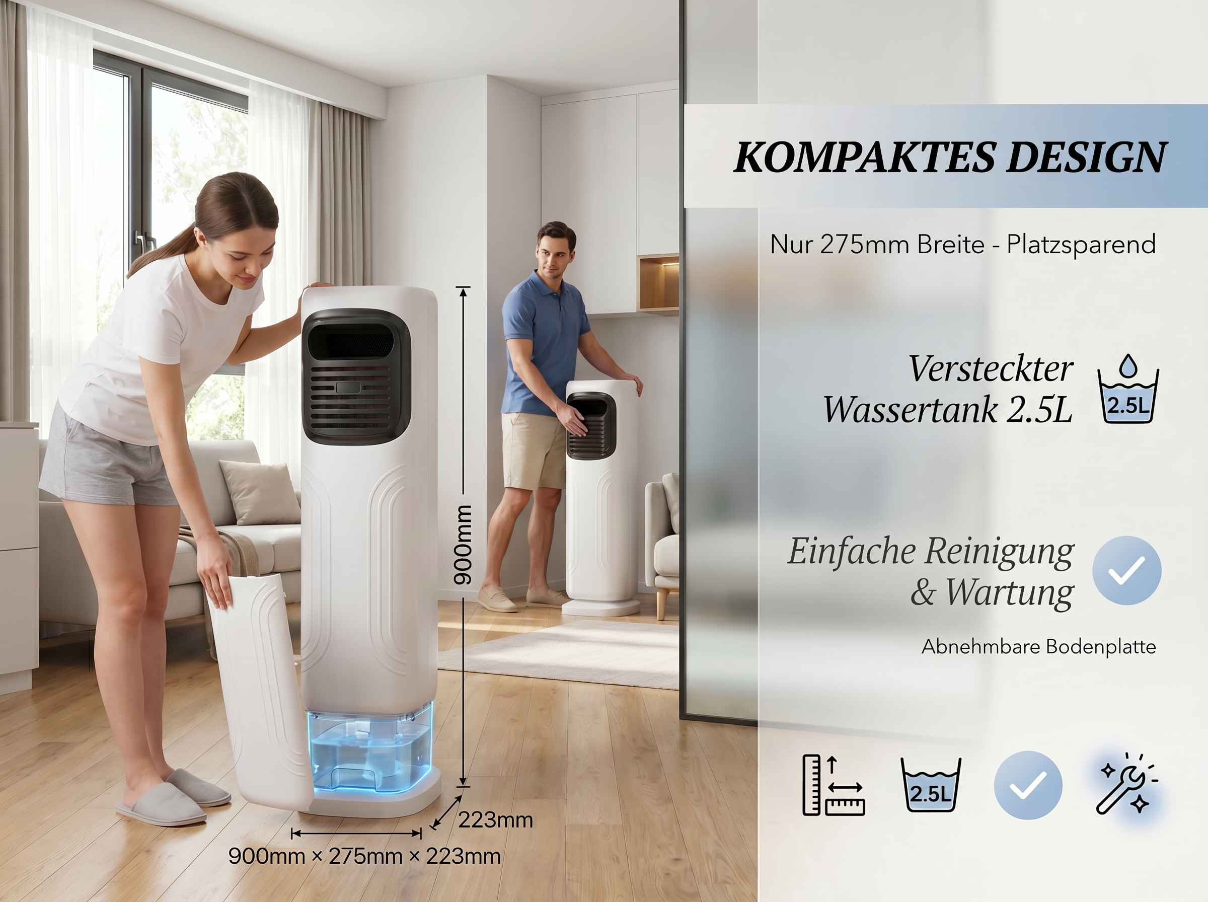 Ein Mann und eine Frau stehen neben einem weißen Luftkühler. Kompaktes Design.