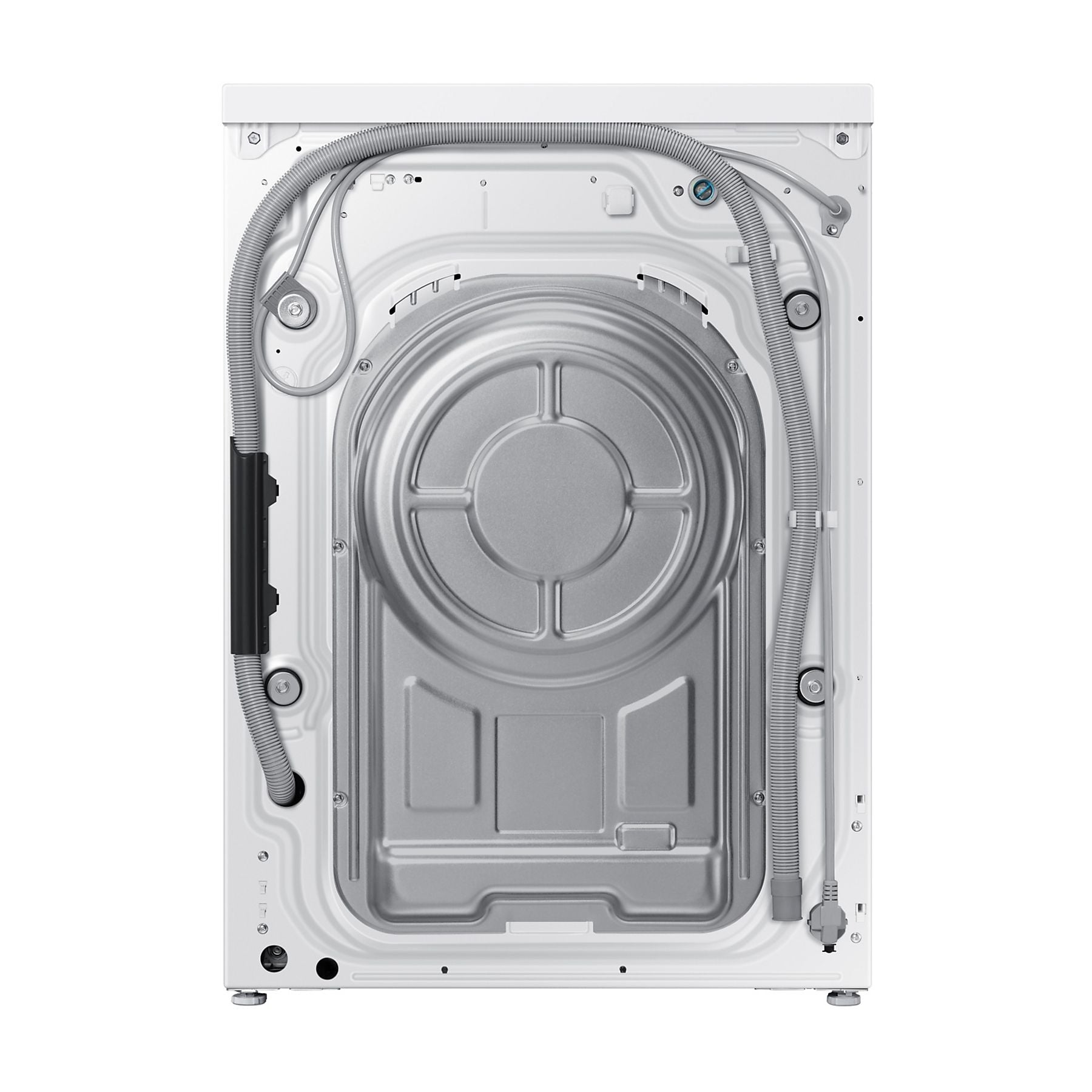 Rückseite einer weißen Waschmaschine mit Schläuchen und Metallabdeckung.