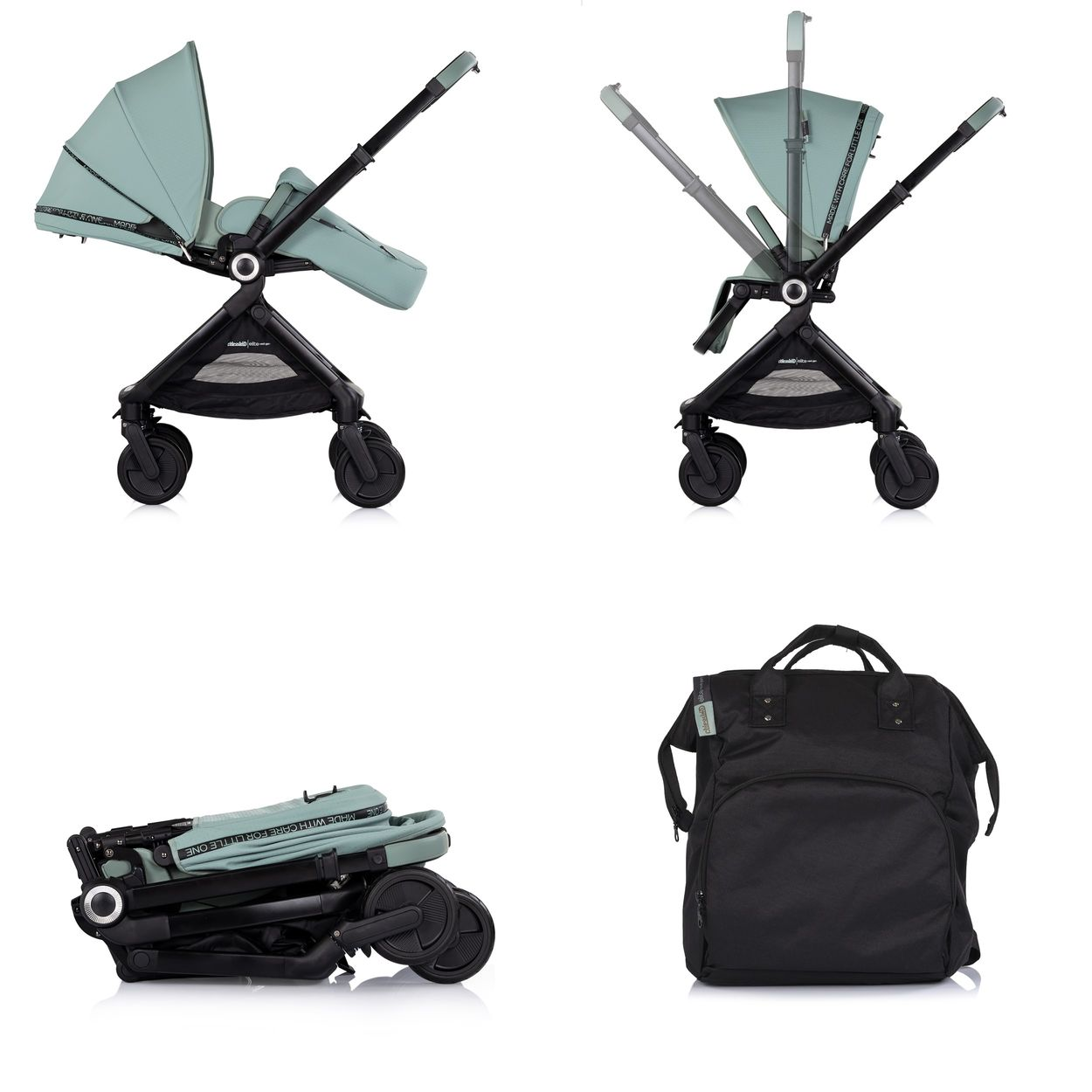 Vier Bilder zeigen einen mintgrünen Kinderwagen und eine schwarze Wickeltasche. Eines zeigt den geöffneten, eines den gefalteten Wagen.