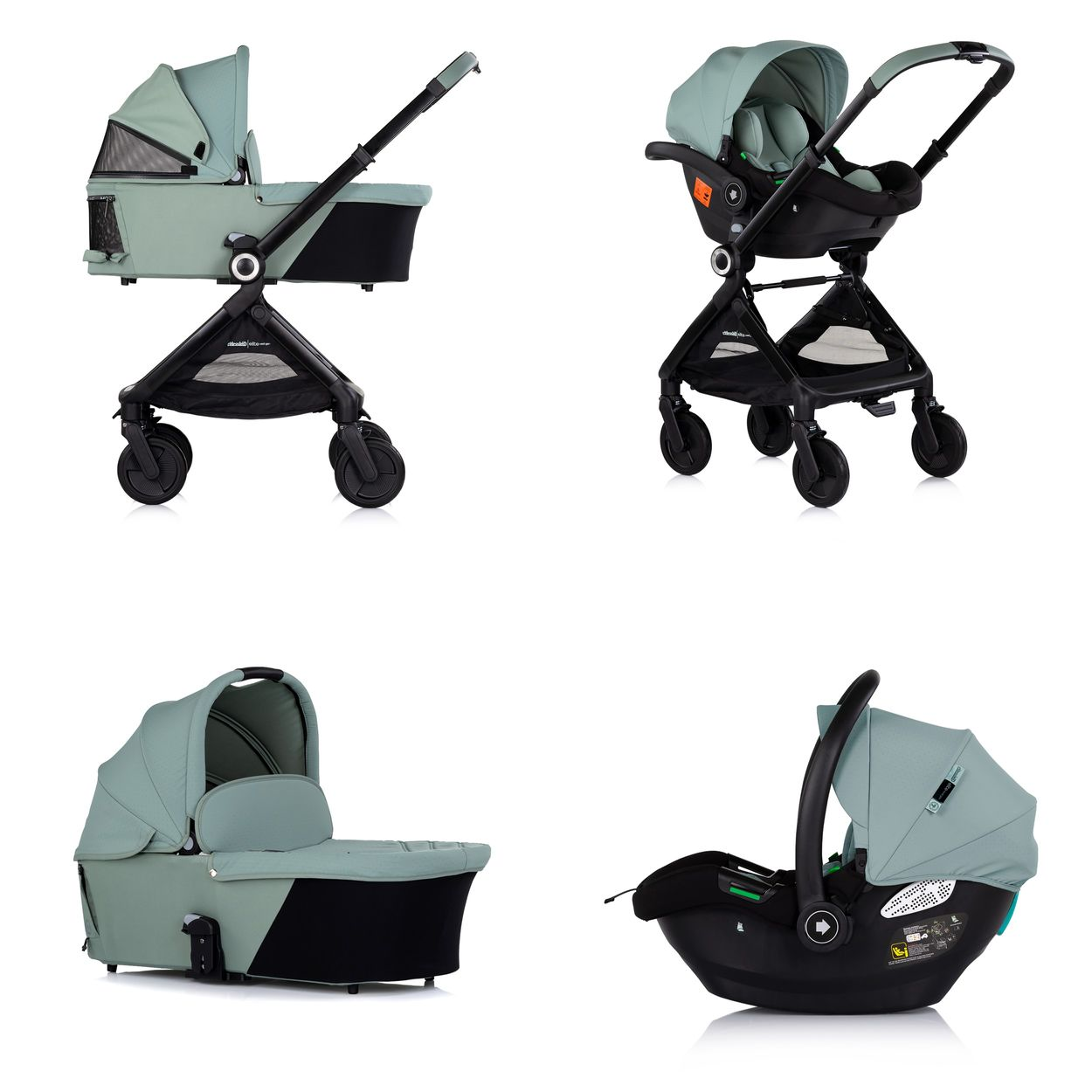 Vier Produktbilder: Babytrage, Kinderwagen, Babywanne und Autositz in Mintgrün.