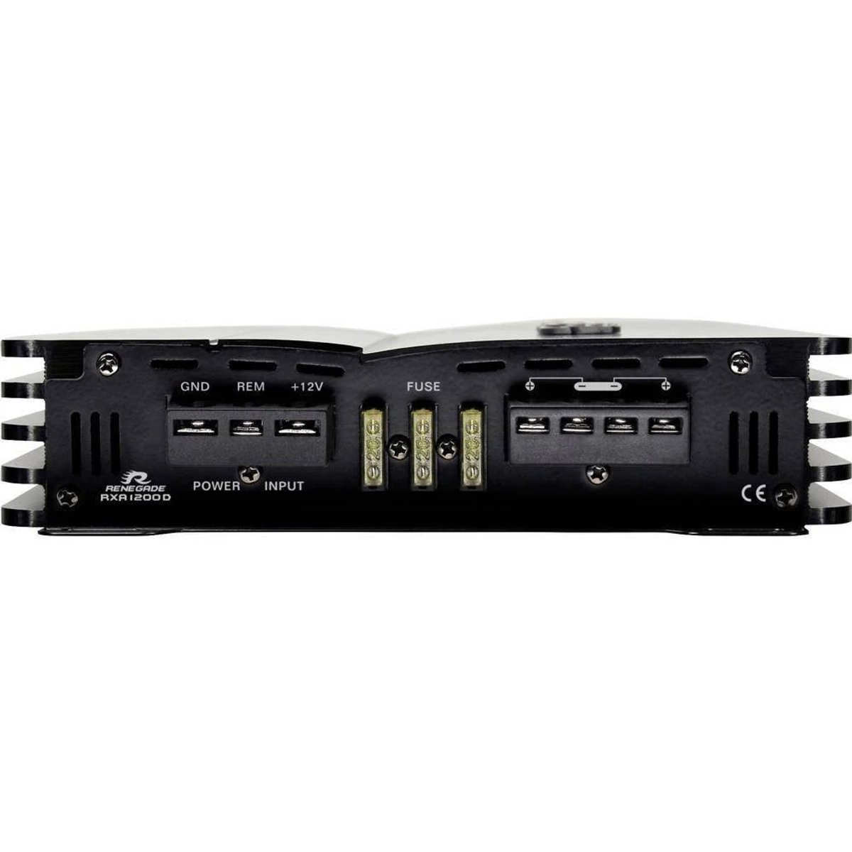 Ein schwarzer Verstärker mit GND, REM, +12V, FUSE, POWER und INPUT Anschlüssen.