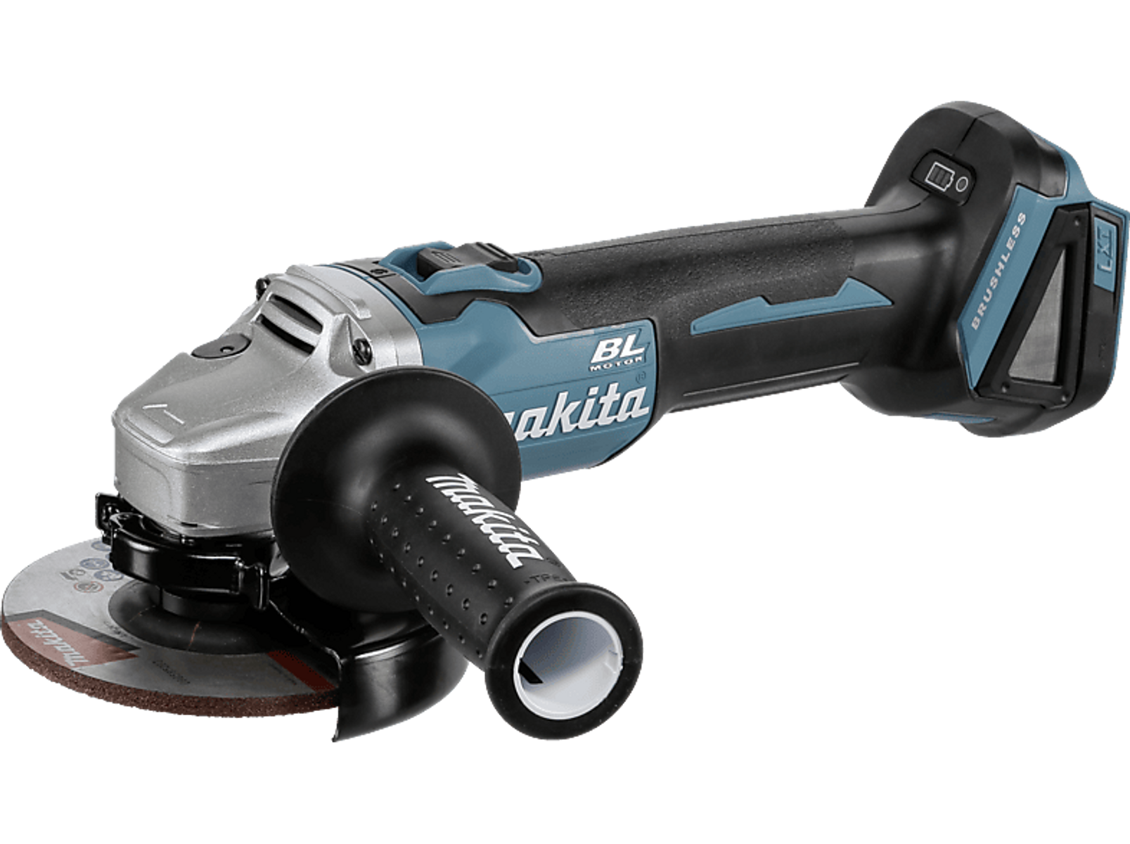Ein schwarzes und teal Makita Winkelschleifer mit Trennscheibe und Seitengriff.