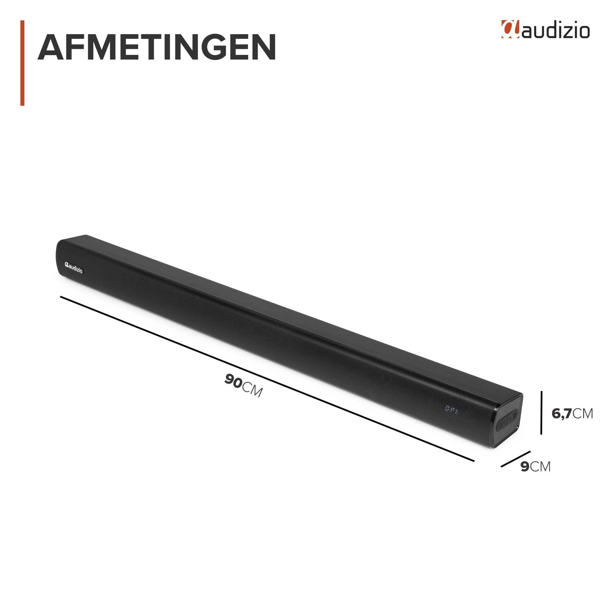 Altavoz negro con dimensiones: 90cm L, 6,7cm Al, 9cm Pr.