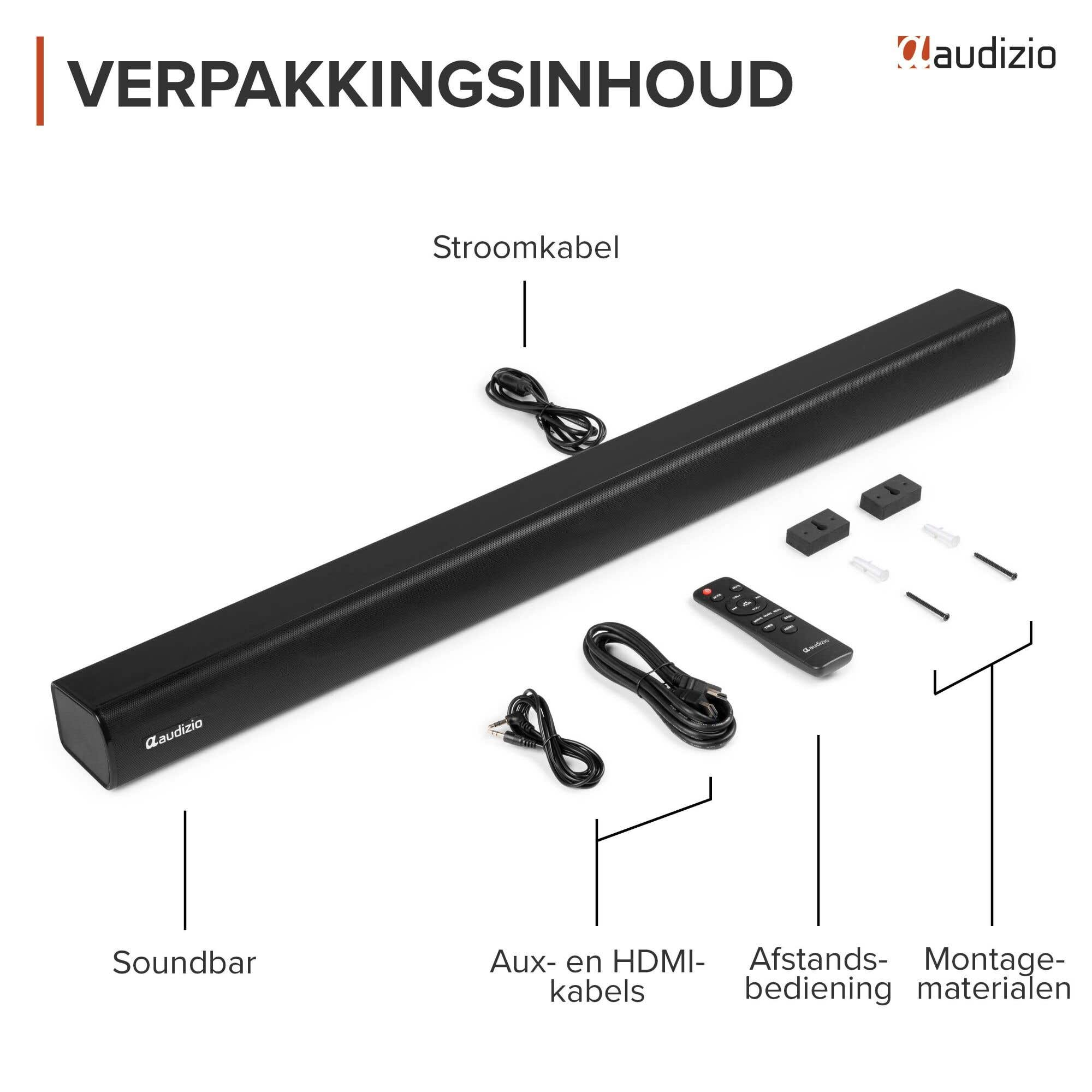 Una barra de sonido negra con mando, cable de alimentación, cables aux/HDMI y herrajes.