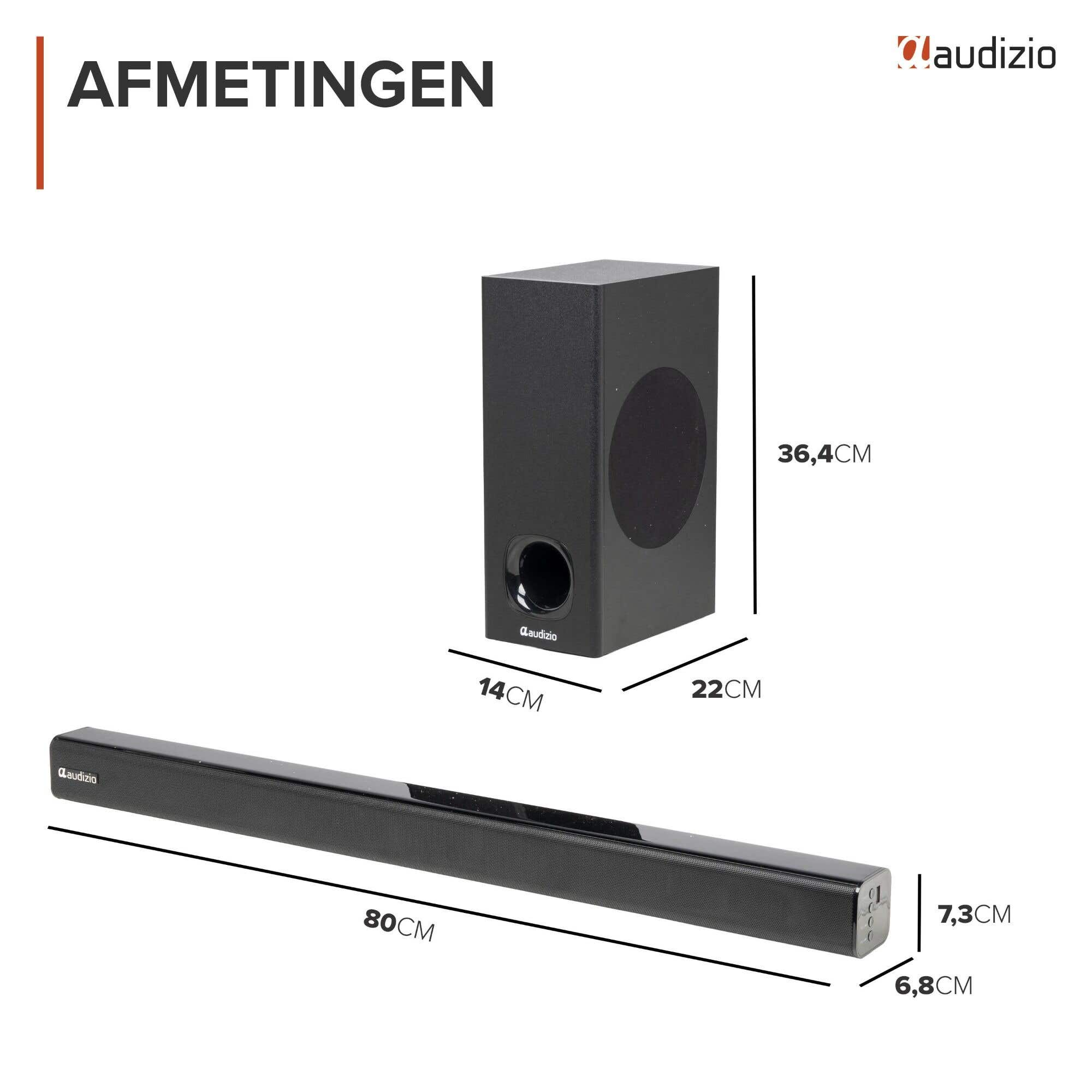 Altavoz y barra de sonido negros con dimensiones