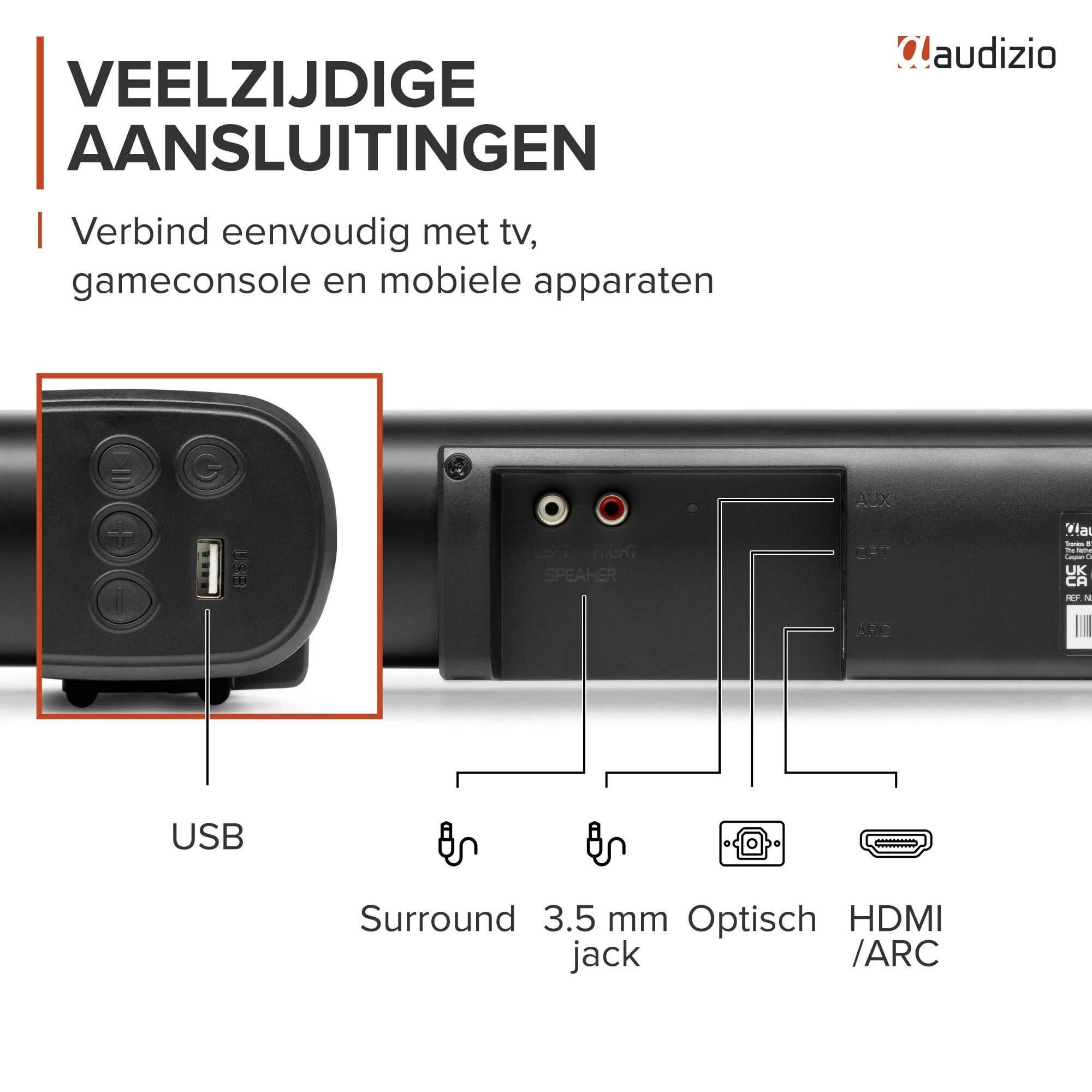 Parte trasera de una barra de sonido mostrando puertos: USB, Altavoz, AUX, OPT, ARC.