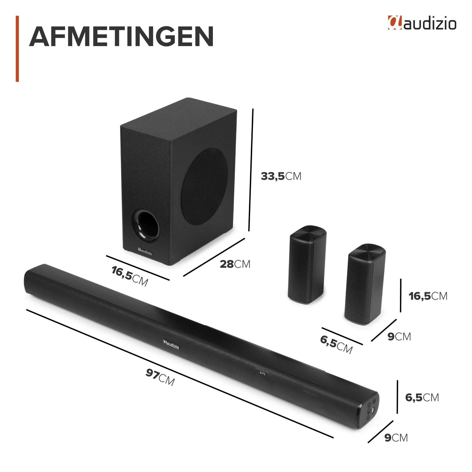 Altavoces negros con dimensiones: barra de sonido de 97cm, subwoofer de 33.5cm, satélites de 16.5cm.
