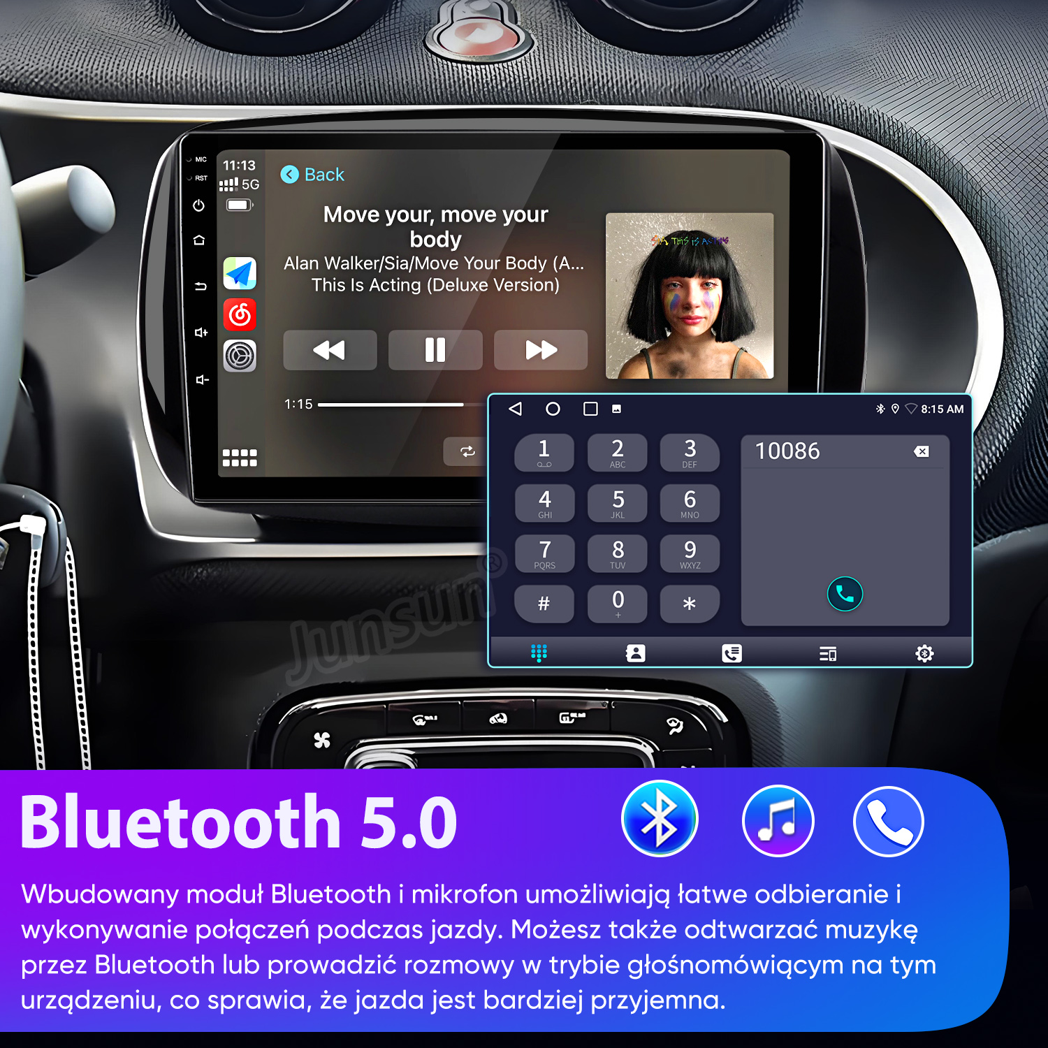 Samochodowy system infotainment odtwarza muzykę, pokazuje klawiaturę numeryczną i ikony.
