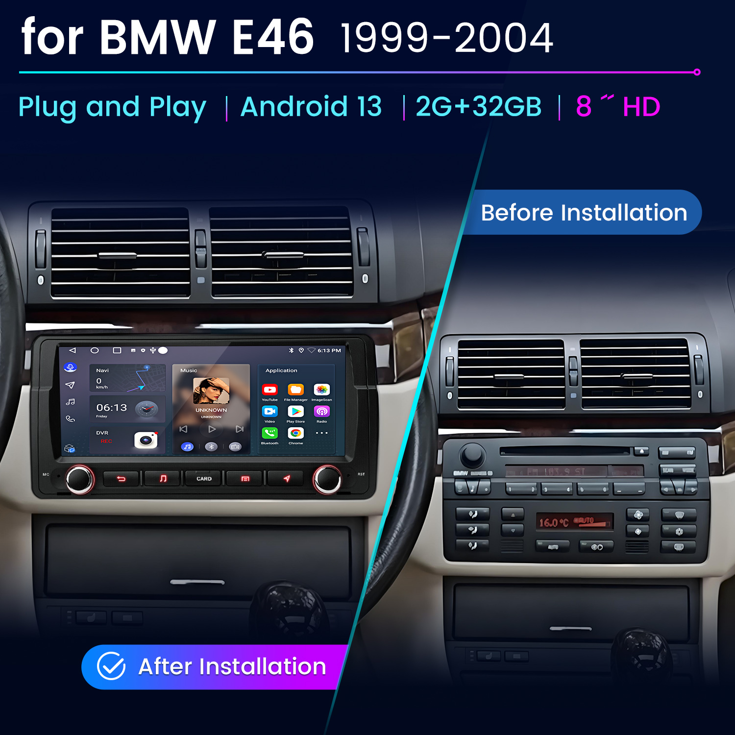 Porównanie deski rozdzielczej BMW E46 przed i po instalacji nowego systemu infotainment.