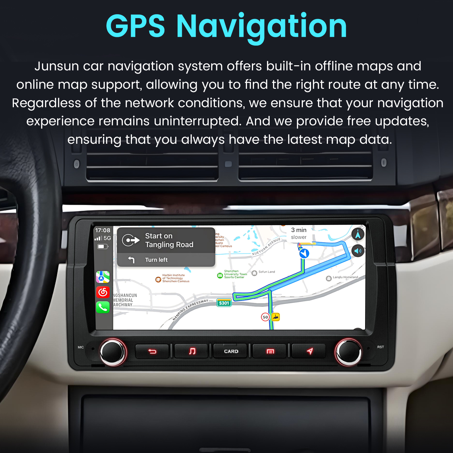 Deska rozdzielcza samochodu z ekranem nawigacji GPS pokazującym trasę.