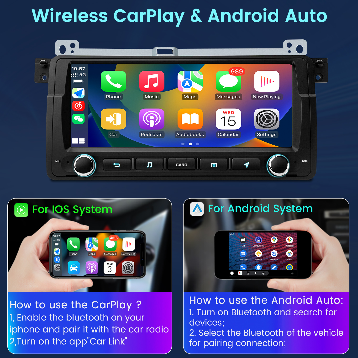 Obraz pokazuje samochodowy system infotainment z ikonami CarPlay/Android Auto i instrukcjami.