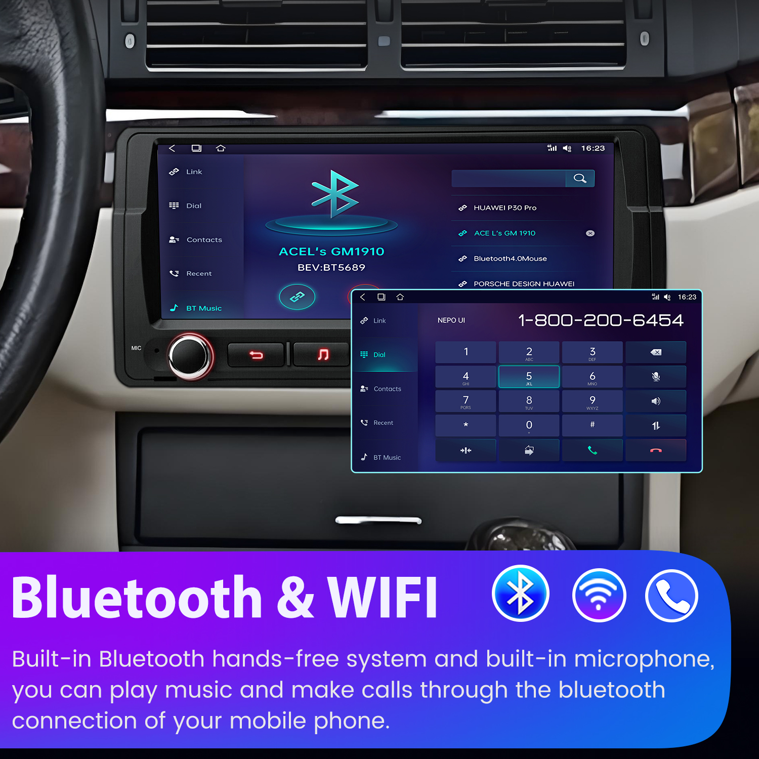 Ekran systemu multimedialnego samochodu pokazuje połączenia Bluetooth i klawiaturę numeryczną.