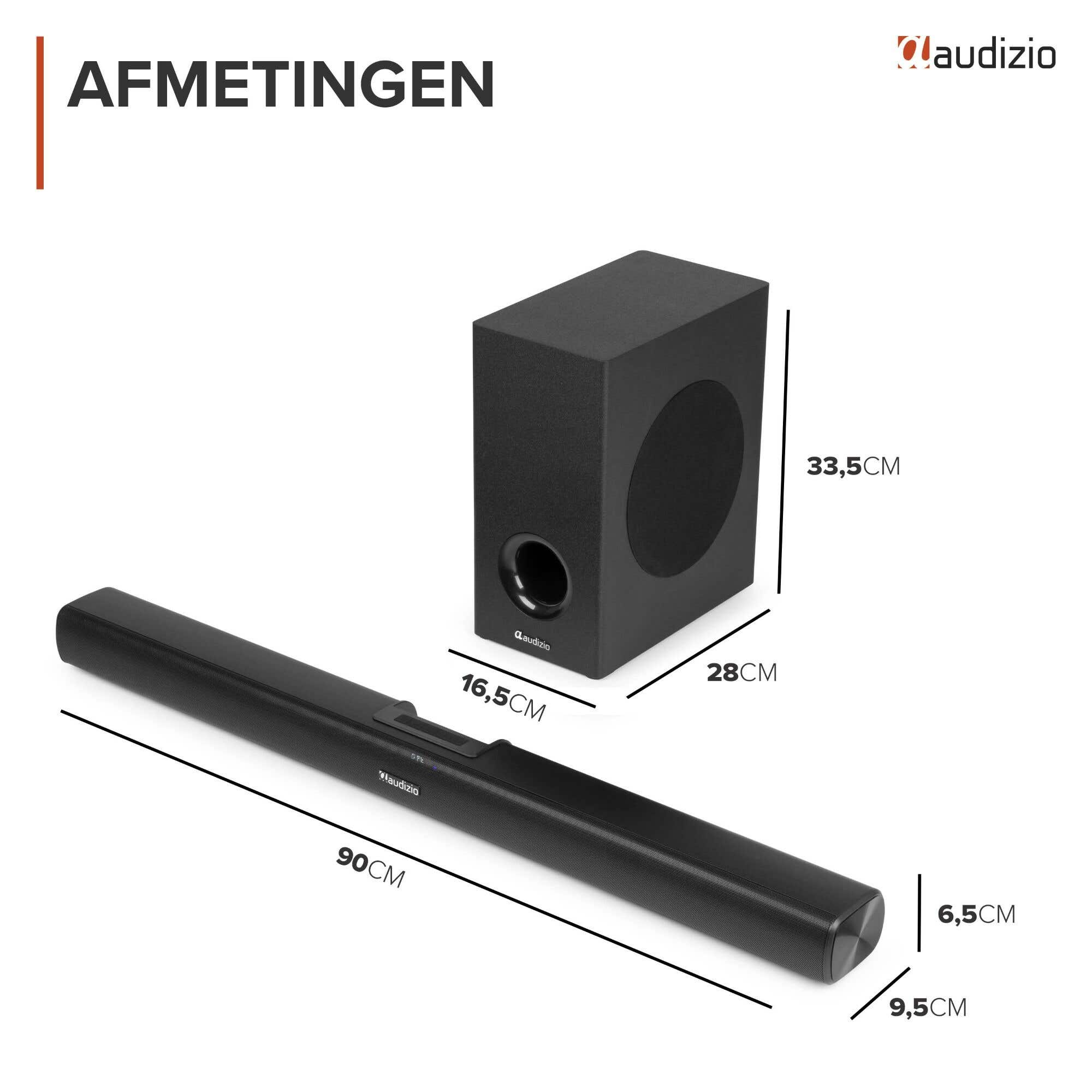 Subwoofer y barra de sonido negros con dimensiones. Altavoz: 33,5x28x16,5cm. Barra de sonido: 90x9,5x6,5cm.