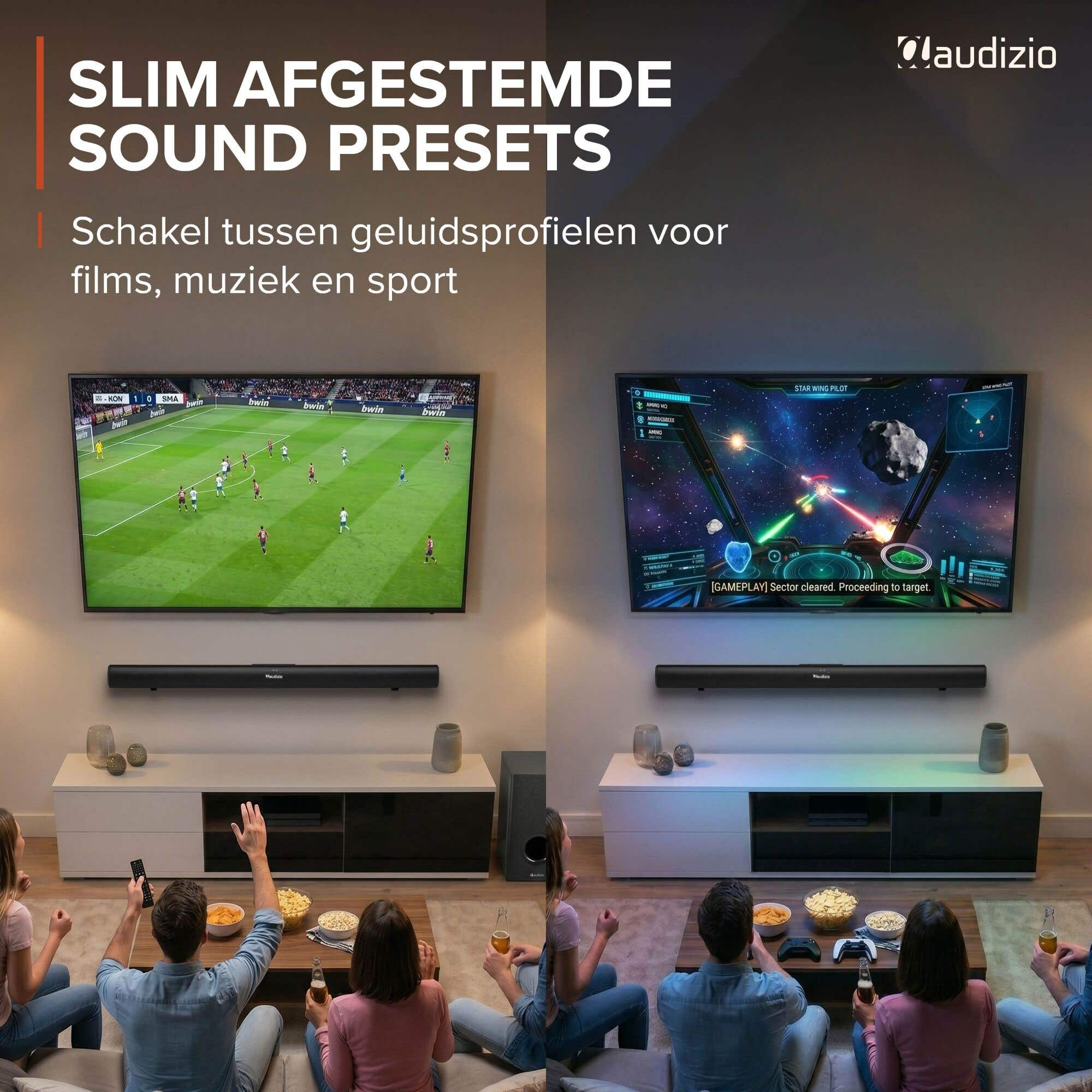 Dos televisores muestran fútbol y un juego espacial. Personas sentadas delante.