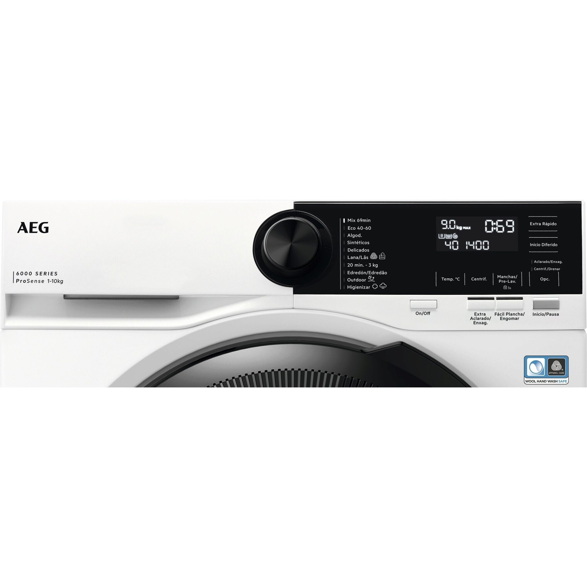 Una lavadora AEG blanca con panel de control y pantalla negros.