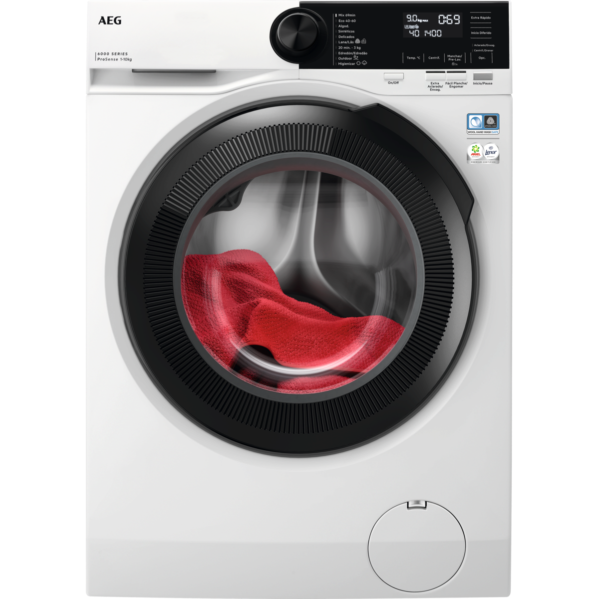 Lavadora AEG blanca con ojo de buey negro y tela roja dentro.