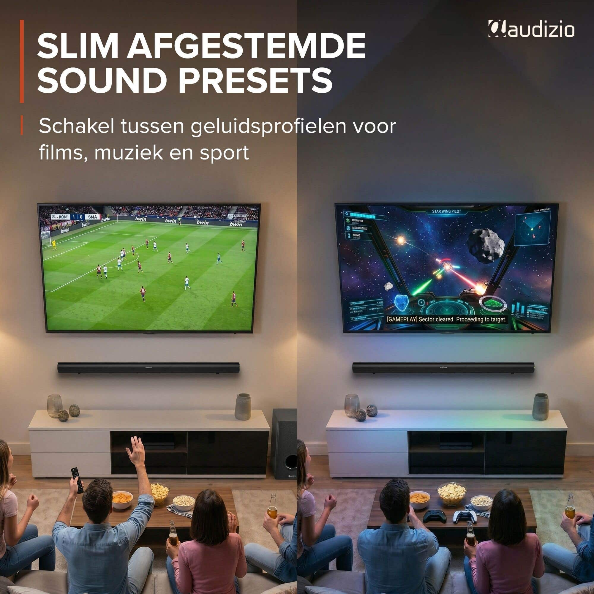 Gente viendo la TV: pantalla izquierda muestra fútbol, pantalla derecha juego espacial.
