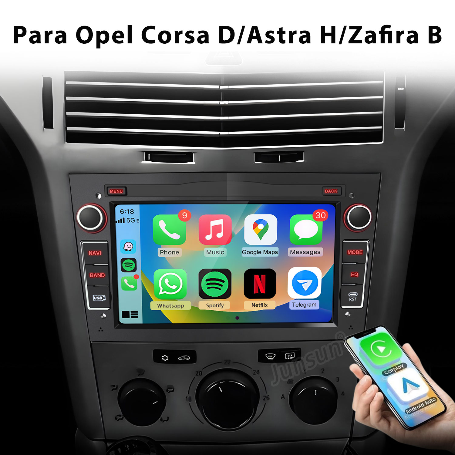 System infotainmentu samochodowego z aplikacjami Telefon, Muzyka, Mapy, z lustrzanym odbiciem.