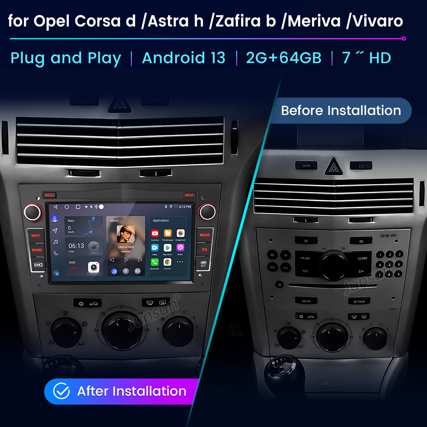 Porównanie przed i po montażu radia samochodowego do Opla Corsy, Android 13.