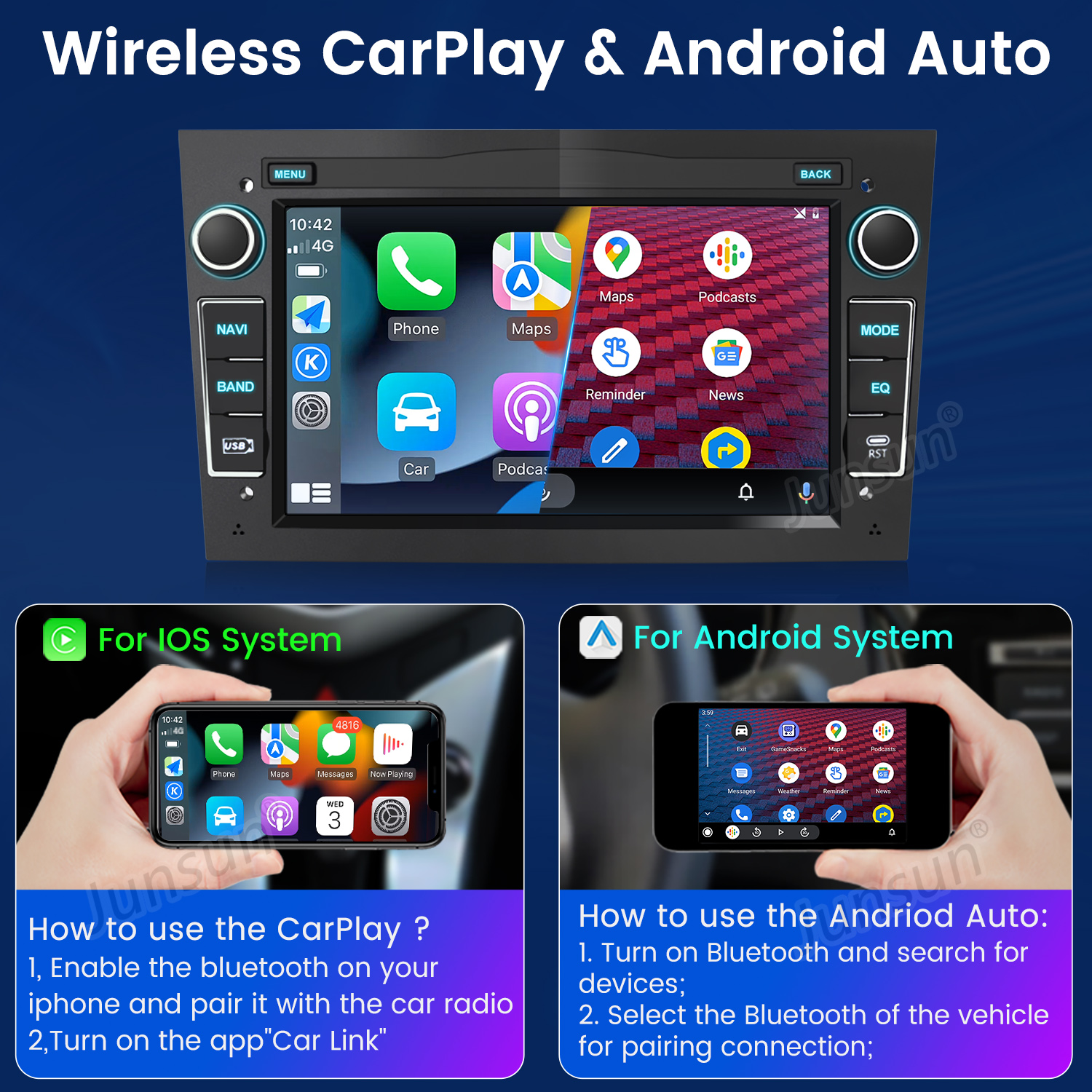 System CarPlay i Android Auto. Radio samochodowe z ikonami aplikacji i dwa telefony pokazujące połączenia.
