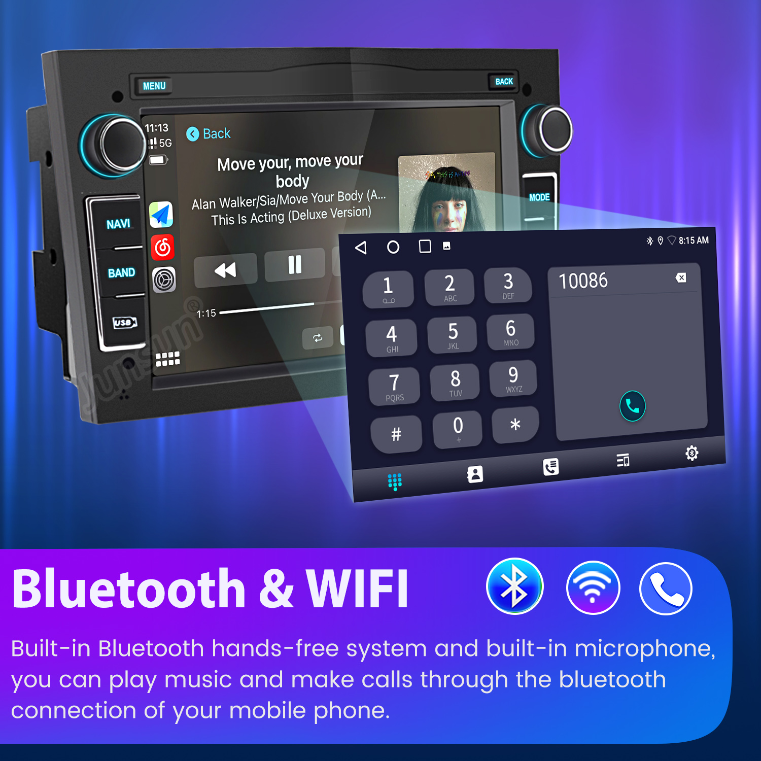 Radio samochodowe z ekranem dotykowym pokazującym muzykę i klawiaturę. Poniżej: ikony Bluetooth i WiFi.