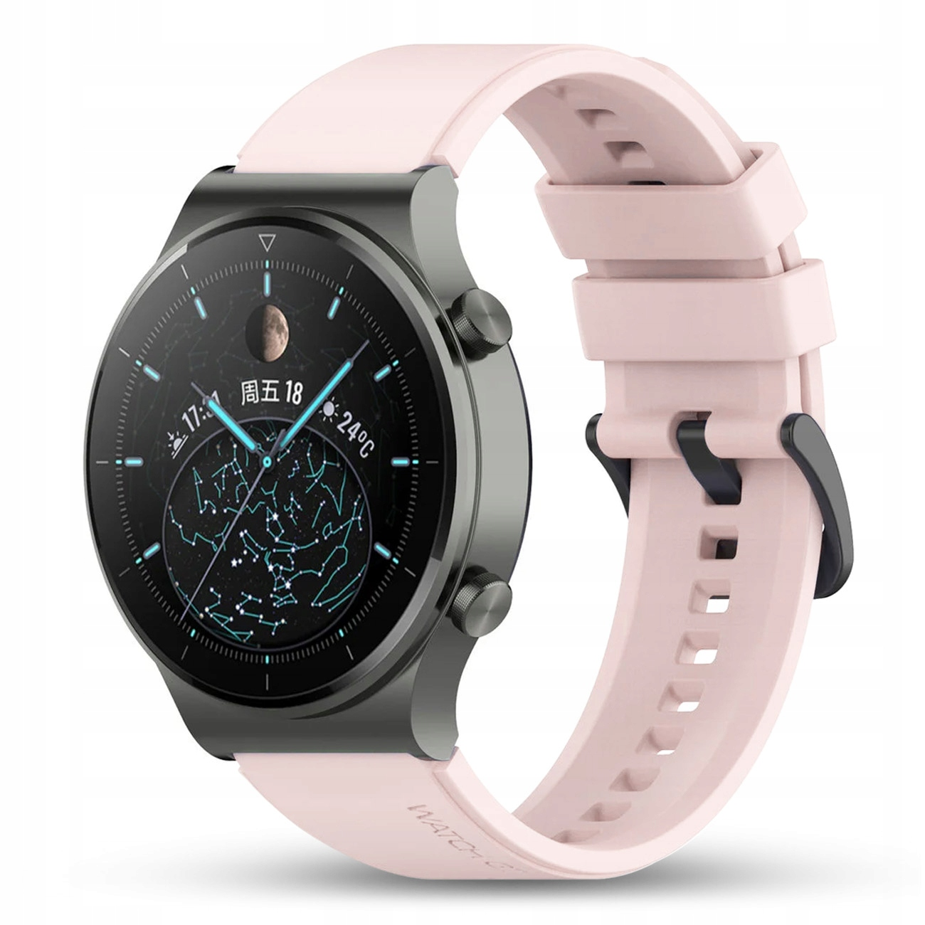 Zegarek smartwatch z różową bransoletą i ciemnoszarym etui, pokazujący mapę gwiazd na ekranie.